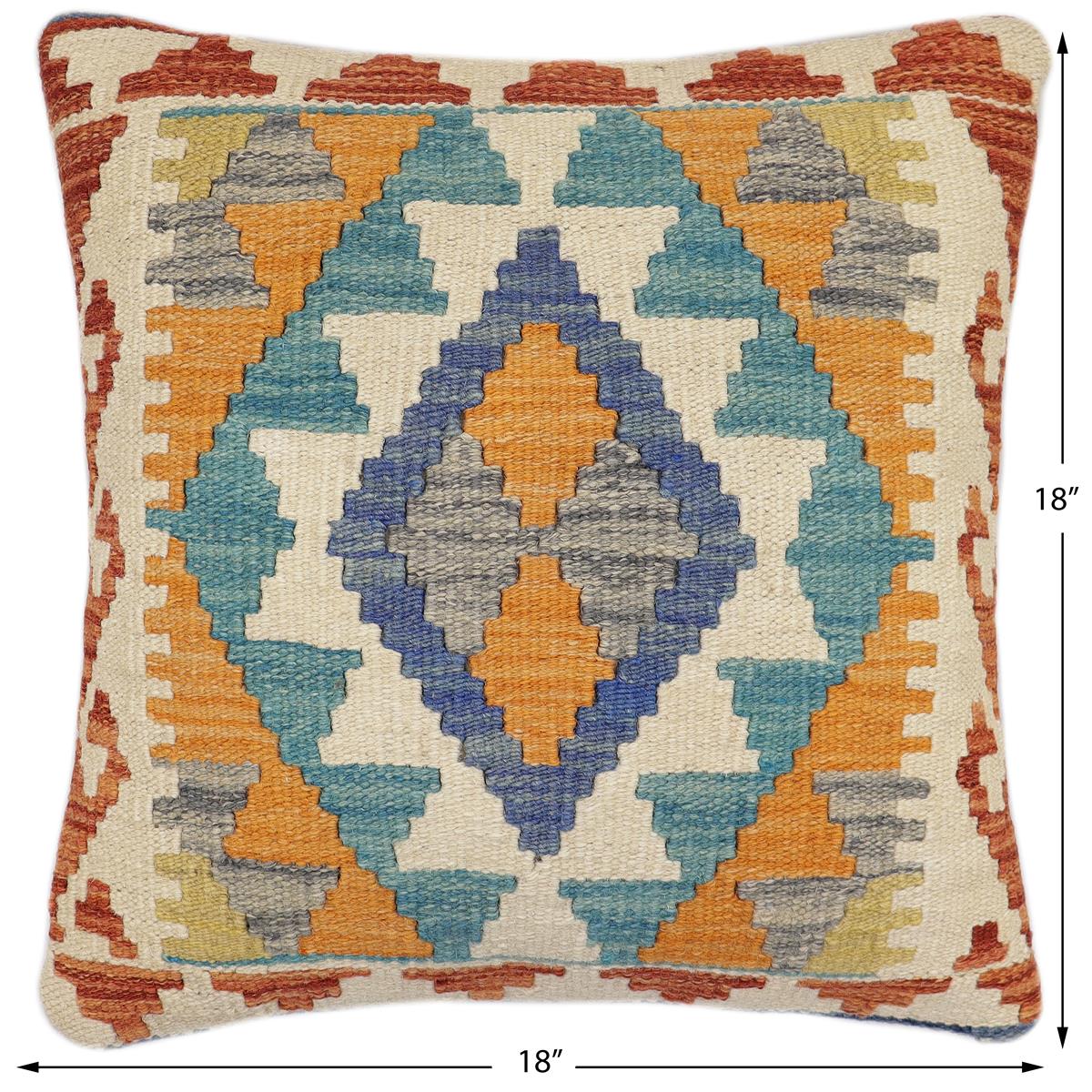handmade Traditional Pillow Blue Rust Hand-Woven SQUARE 100% WOOL Hand woven turkish pillow2 x 2