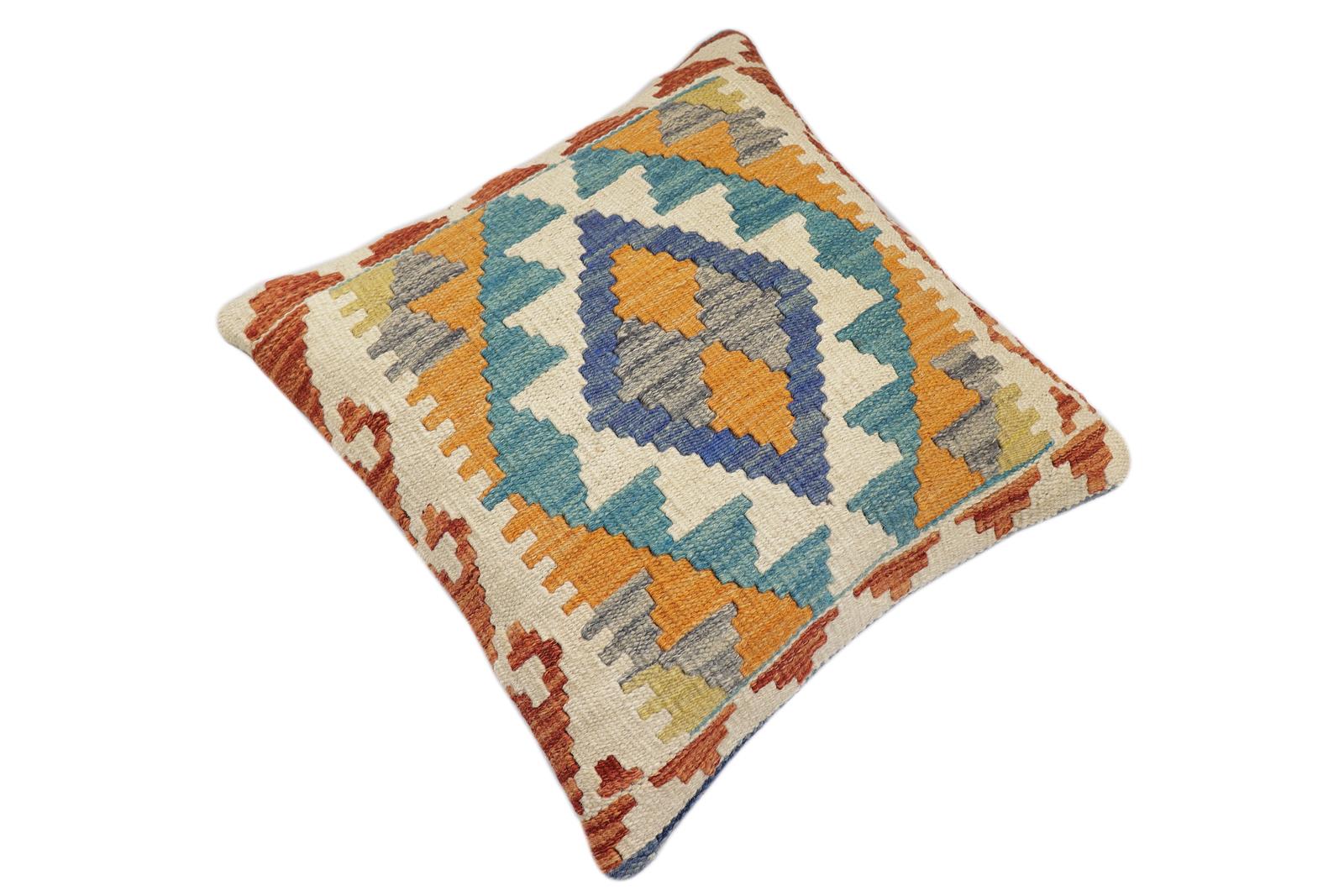 handmade Traditional Pillow Blue Rust Hand-Woven SQUARE 100% WOOL Hand woven turkish pillow2 x 2