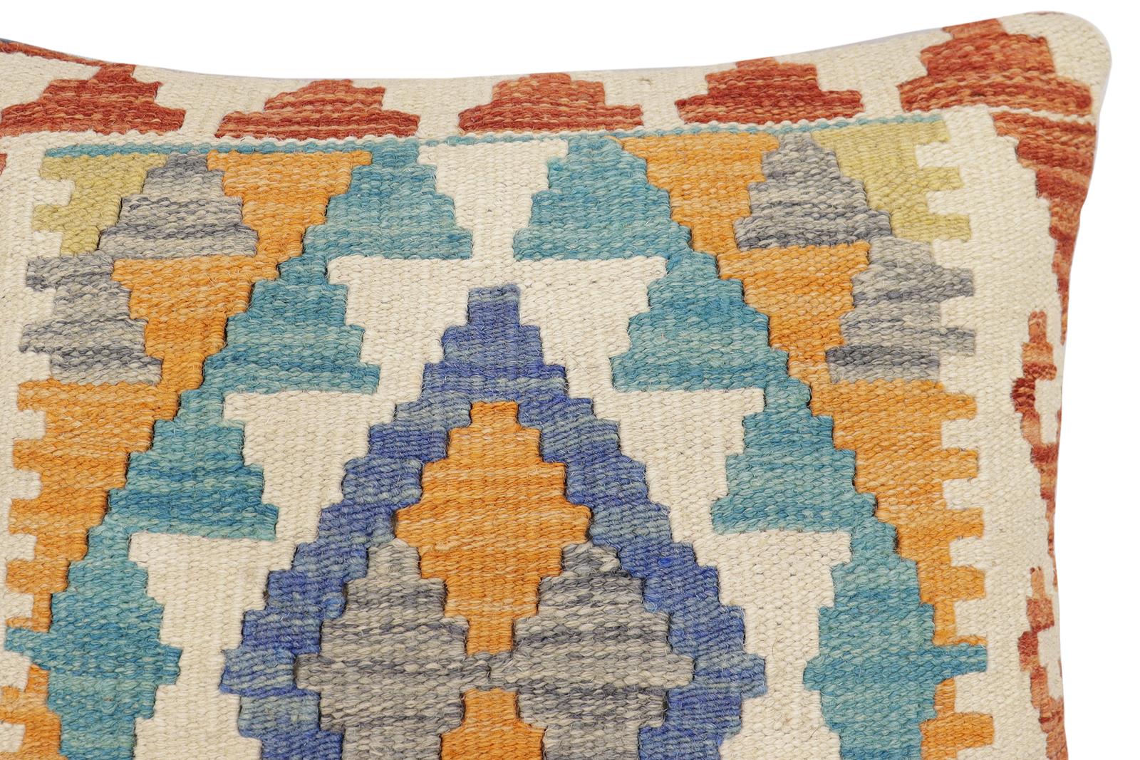 handmade Traditional Pillow Blue Rust Hand-Woven SQUARE 100% WOOL Hand woven turkish pillow2 x 2
