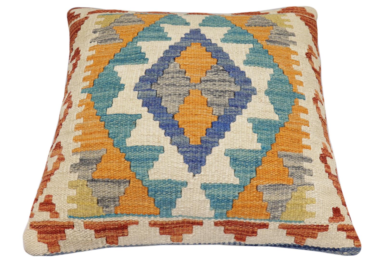 handmade Traditional Pillow Blue Rust Hand-Woven SQUARE 100% WOOL Hand woven turkish pillow2 x 2