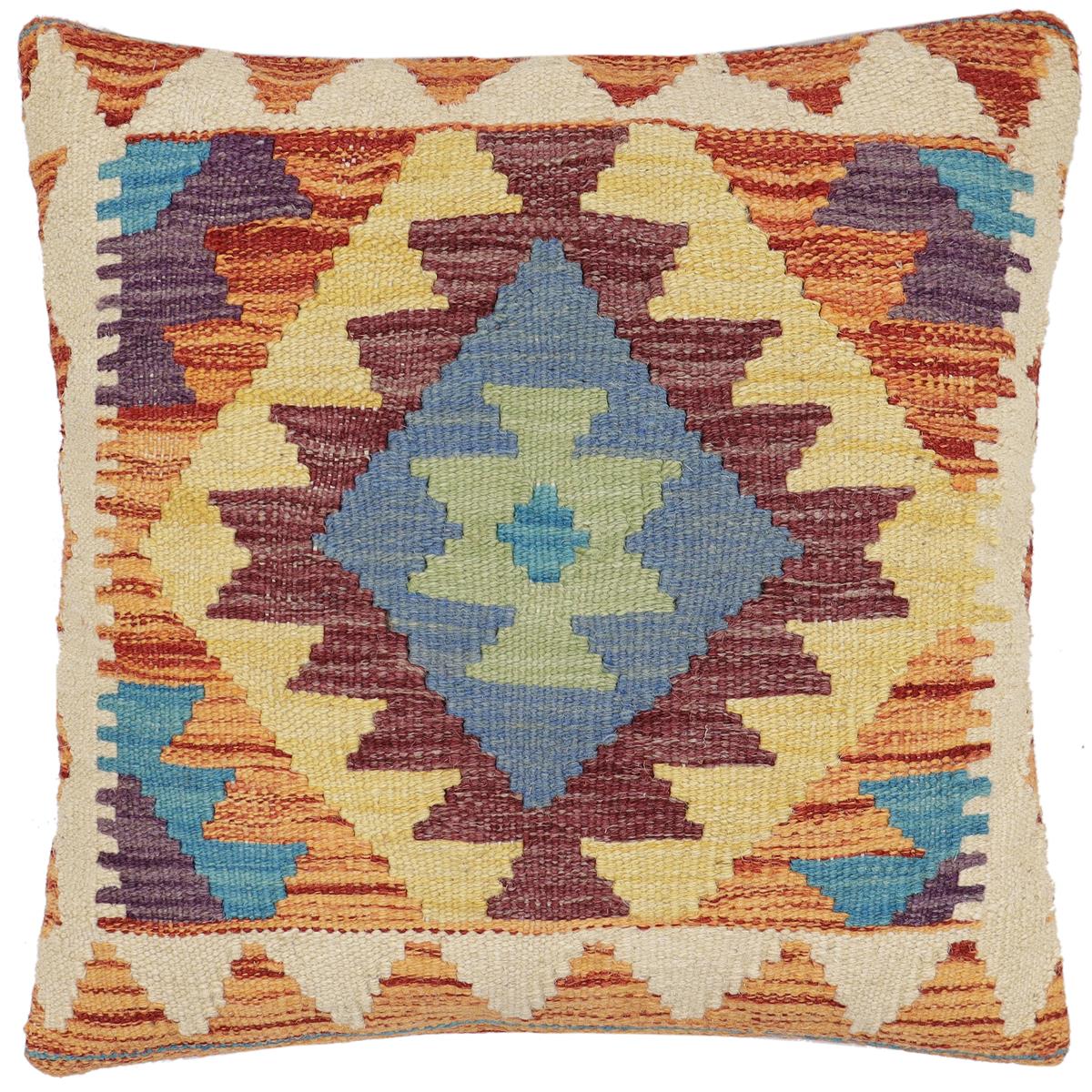 handmade Traditional Pillow Rust Blue Hand-Woven SQUARE 100% WOOL Hand woven turkish pillow2 x 2