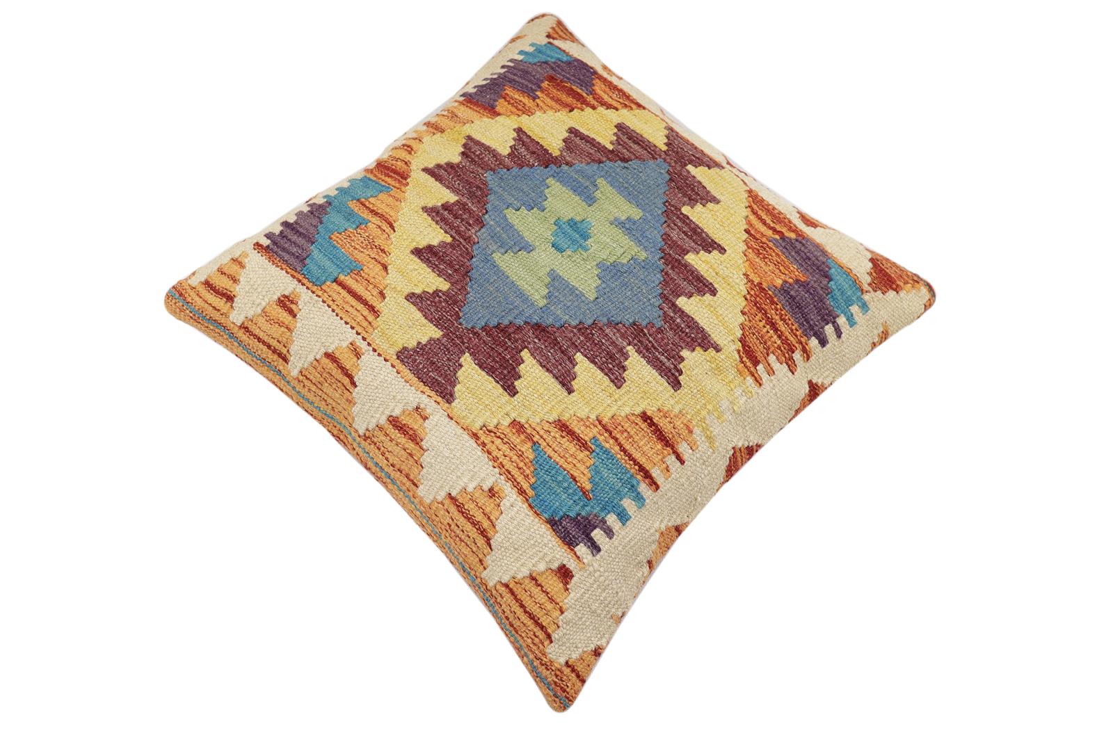 handmade Traditional Pillow Rust Blue Hand-Woven SQUARE 100% WOOL Hand woven turkish pillow2 x 2