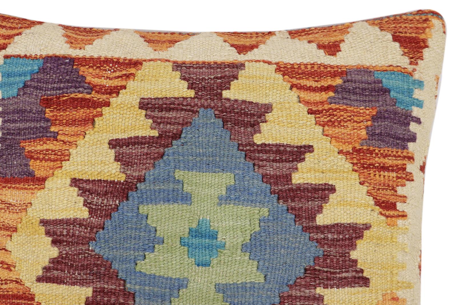 handmade Traditional Pillow Rust Blue Hand-Woven SQUARE 100% WOOL Hand woven turkish pillow2 x 2