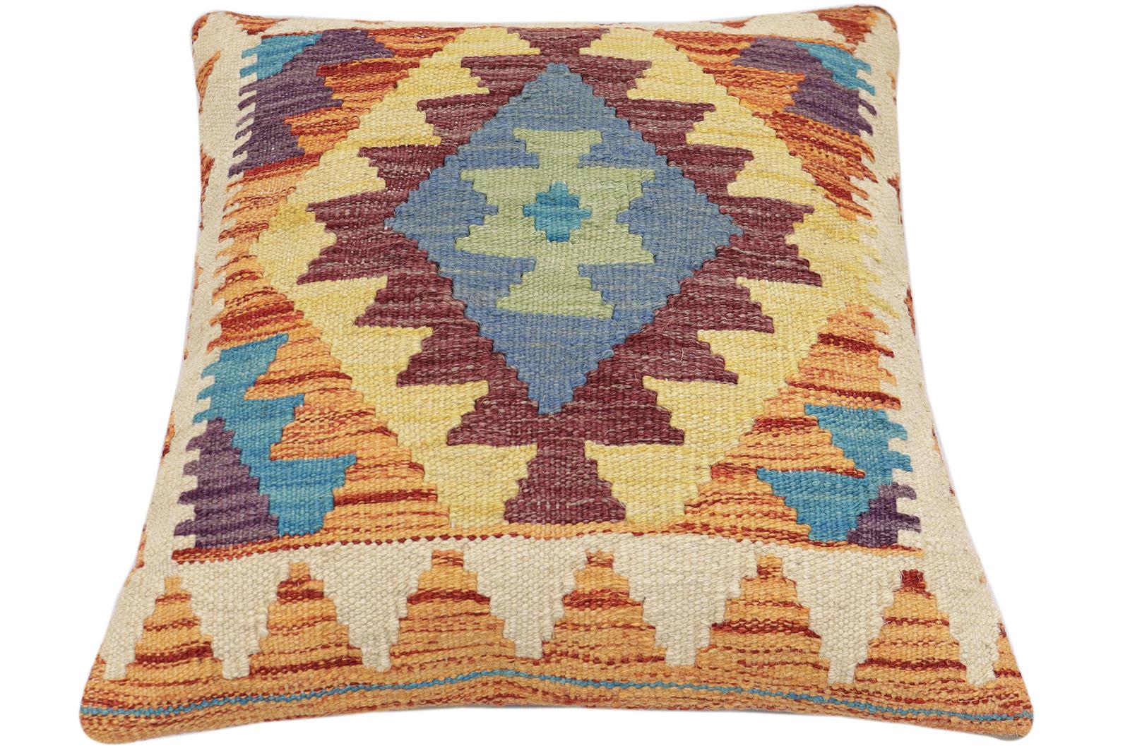 handmade Traditional Pillow Rust Blue Hand-Woven SQUARE 100% WOOL Hand woven turkish pillow2 x 2