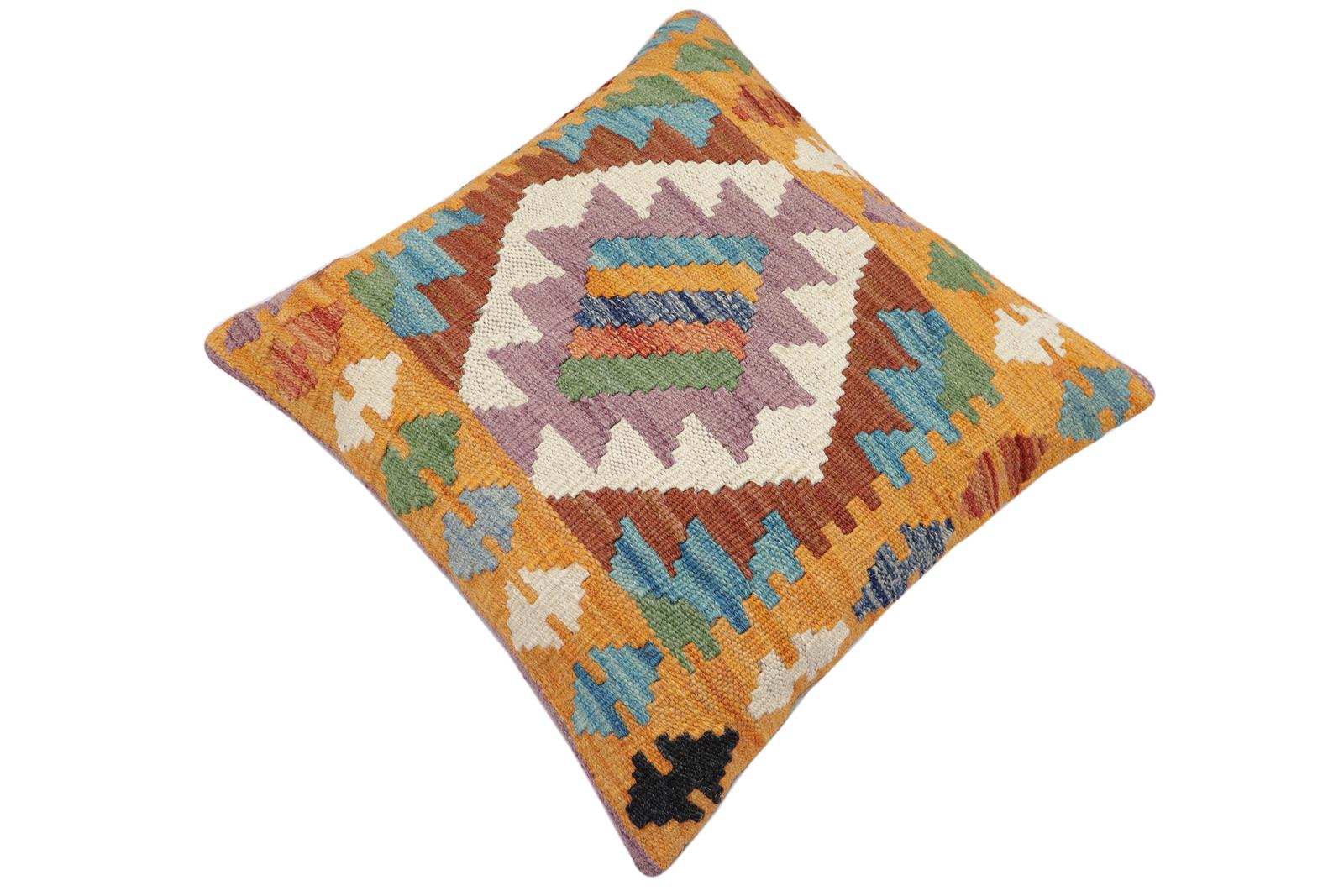 handmade Traditional Pillow Blue Orange Hand-Woven SQUARE 100% WOOL Hand woven turkish pillow2 x 2