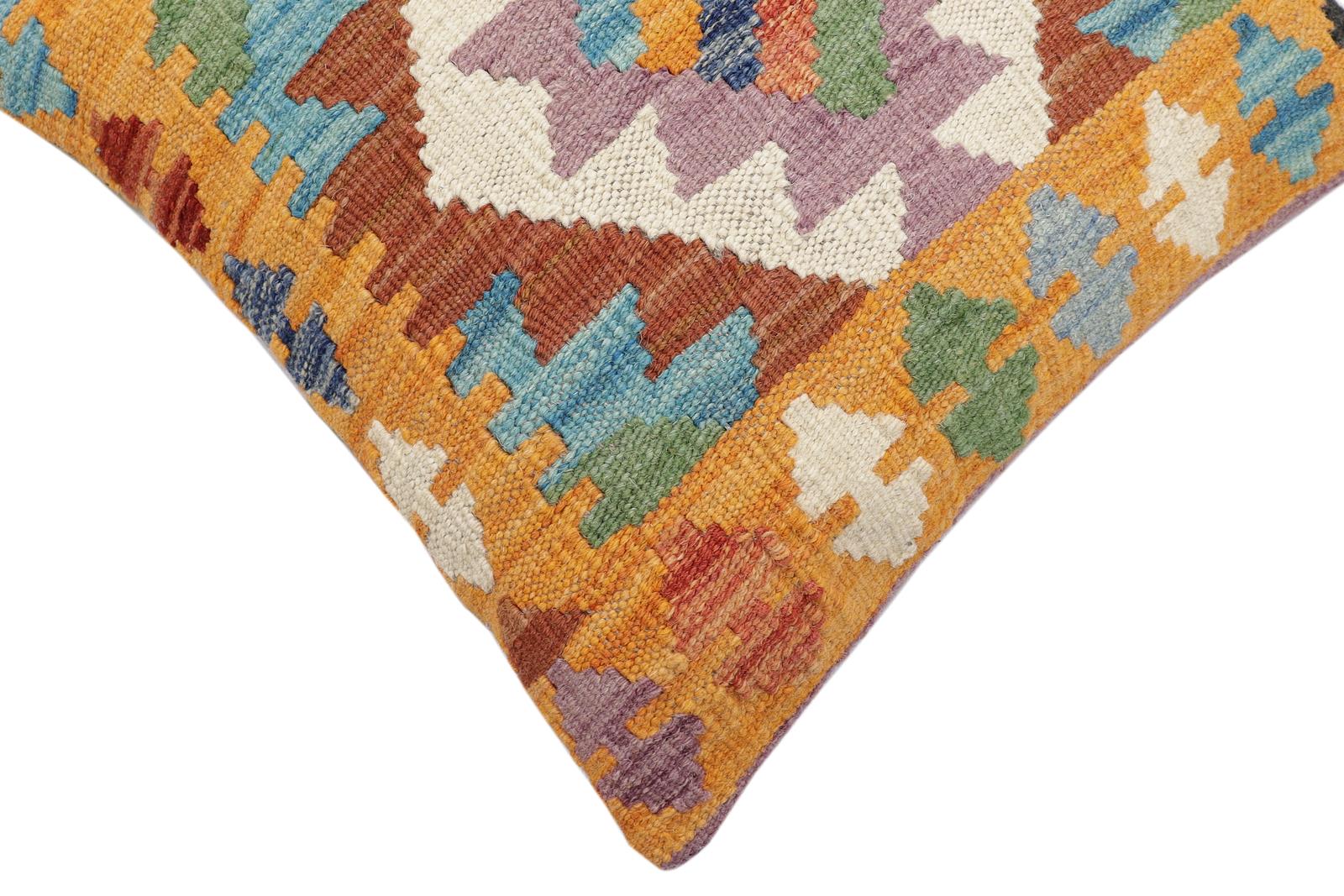 handmade Traditional Pillow Blue Orange Hand-Woven SQUARE 100% WOOL Hand woven turkish pillow2 x 2