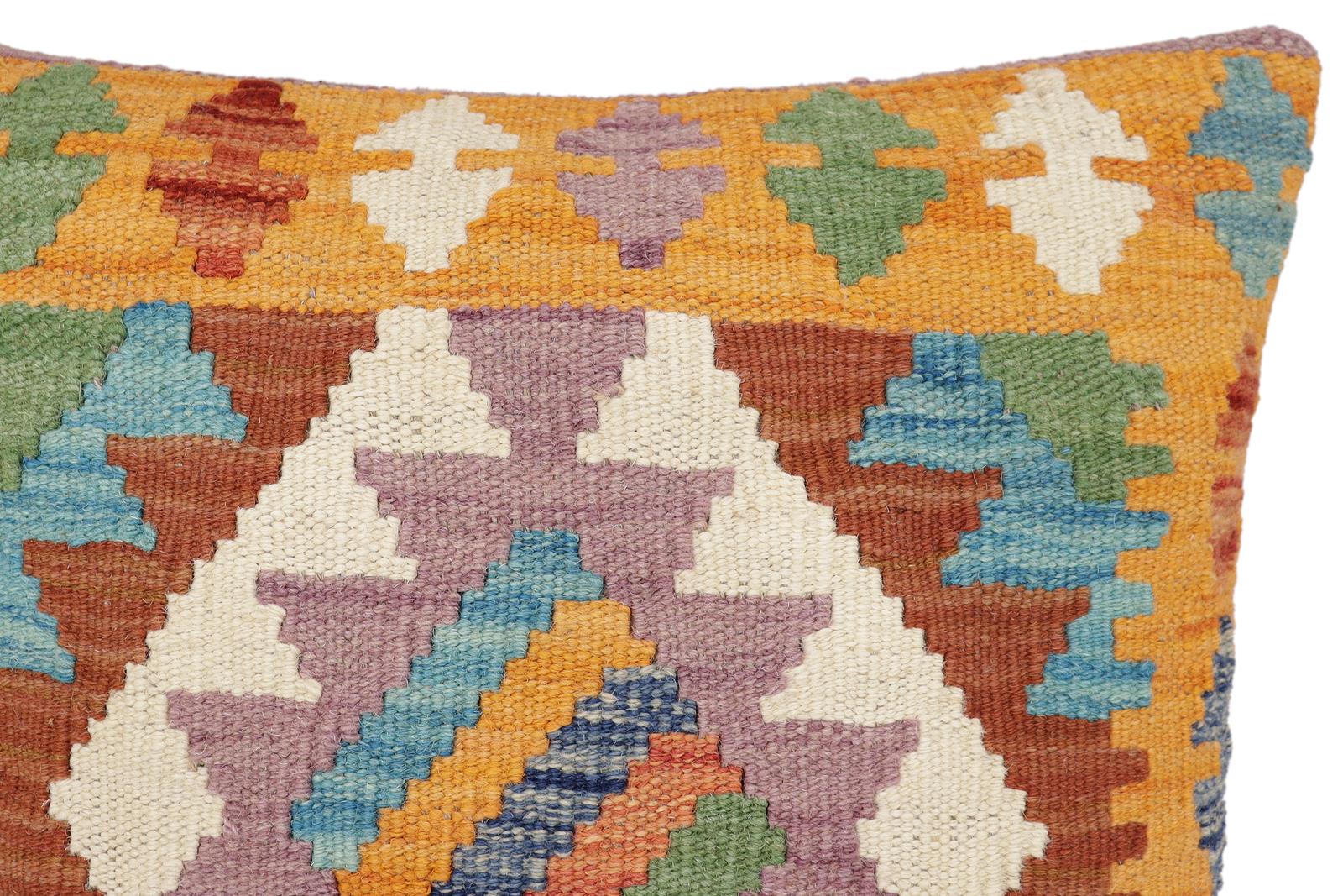 handmade Traditional Pillow Blue Orange Hand-Woven SQUARE 100% WOOL Hand woven turkish pillow2 x 2