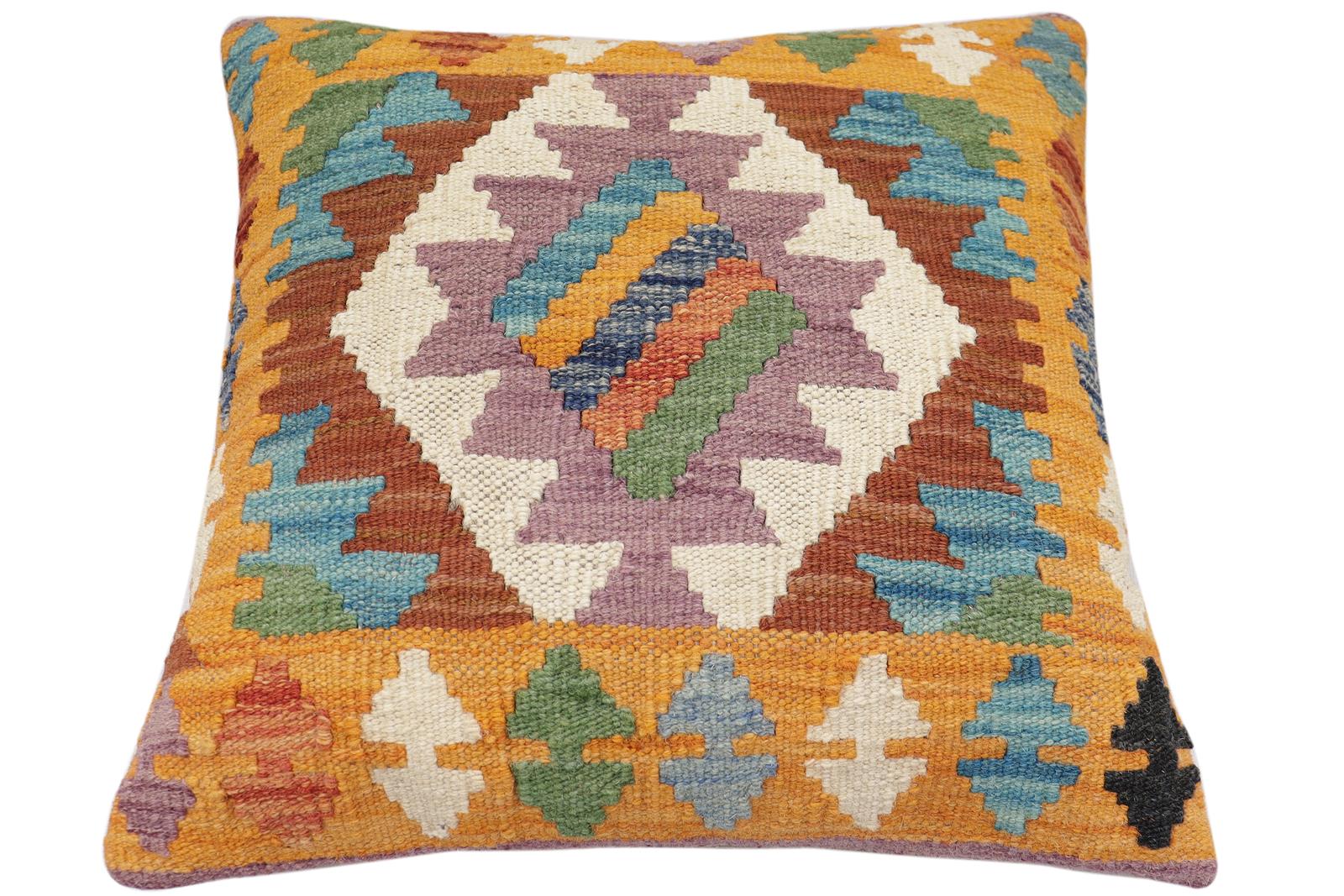 handmade Traditional Pillow Blue Orange Hand-Woven SQUARE 100% WOOL Hand woven turkish pillow2 x 2