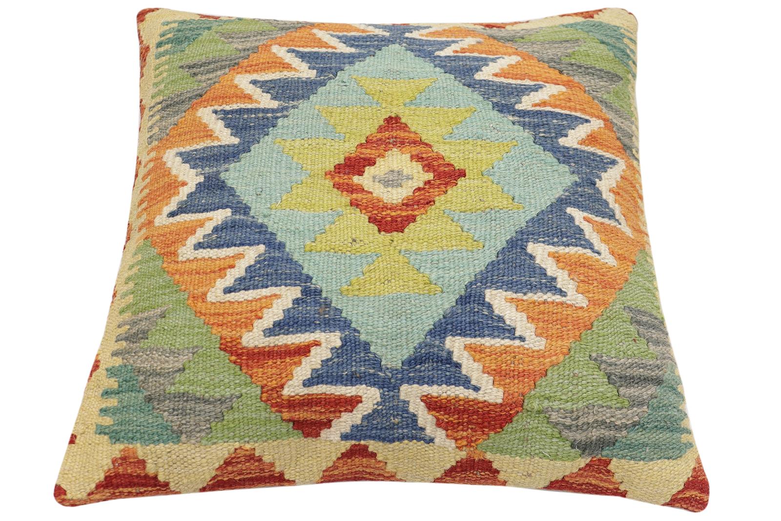 handmade Traditional Pillow Rust Blue Hand-Woven SQUARE 100% WOOL Hand woven turkish pillow2 x 2