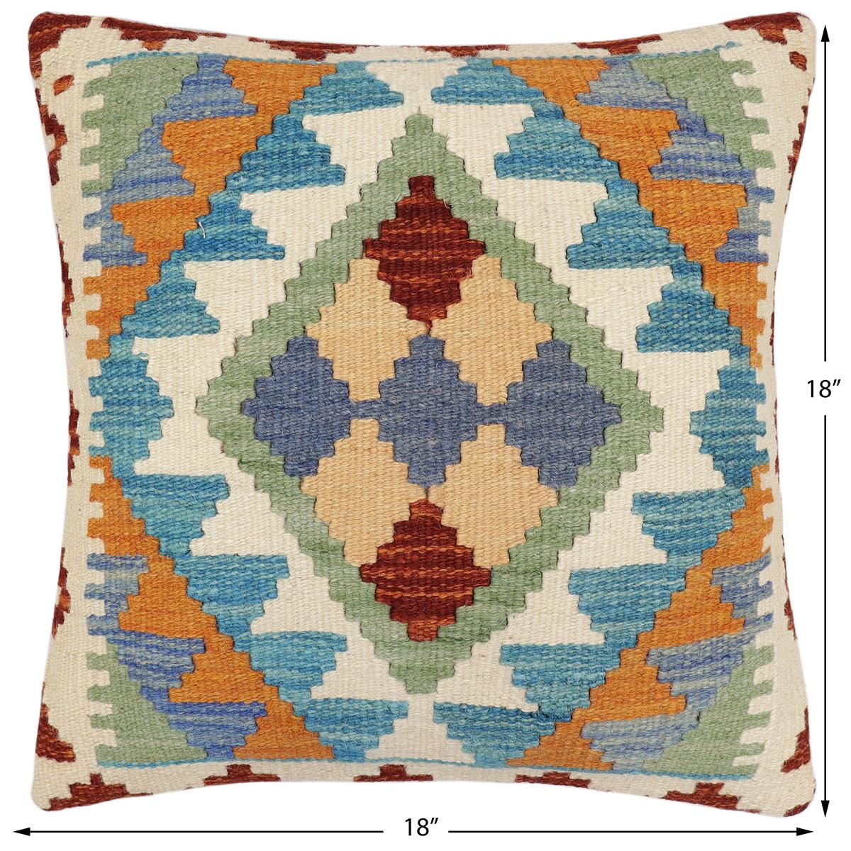 handmade Traditional Pillow Blue Rust Hand-Woven SQUARE 100% WOOL Hand woven turkish pillow2 x 2