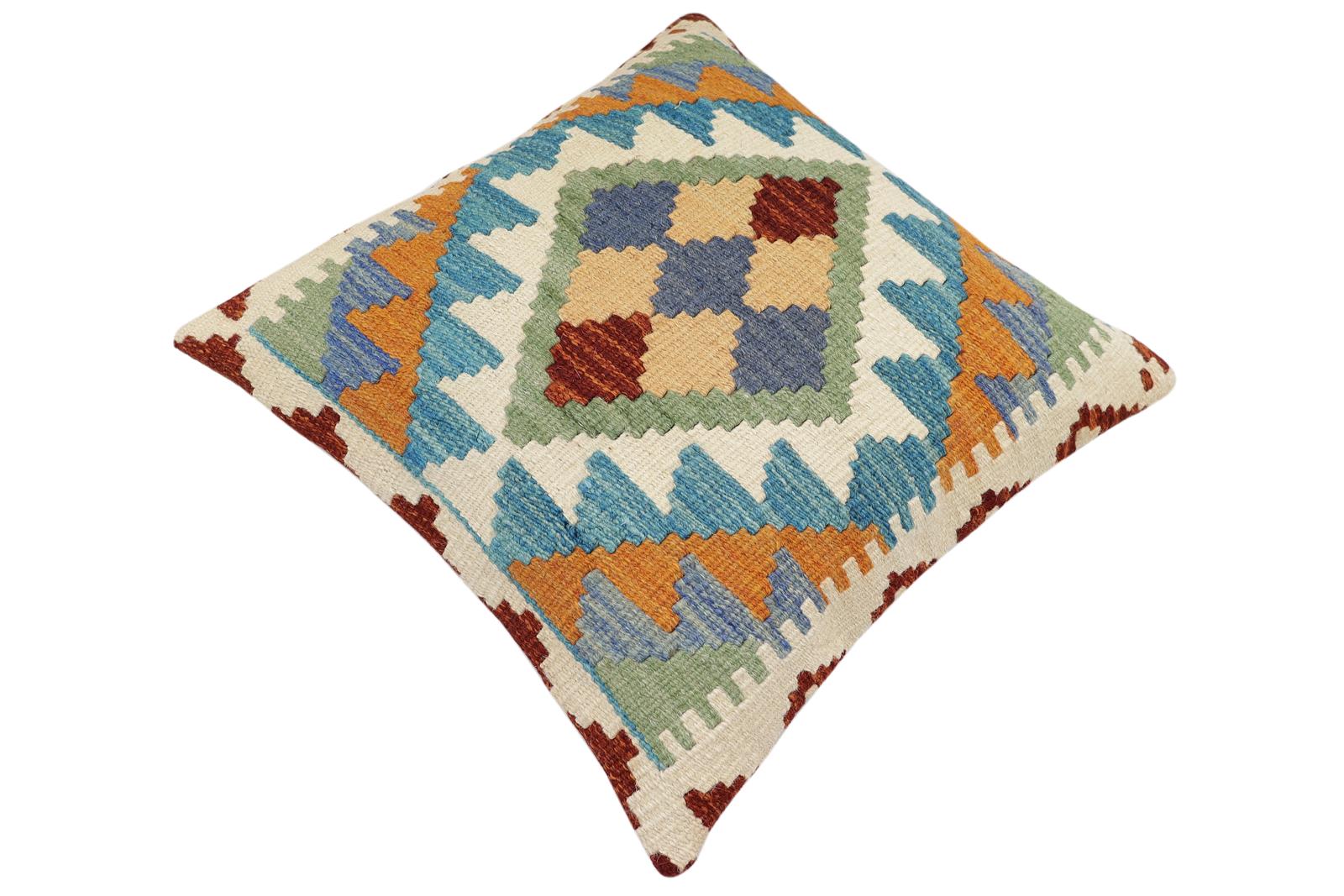 handmade Traditional Pillow Blue Rust Hand-Woven SQUARE 100% WOOL Hand woven turkish pillow2 x 2