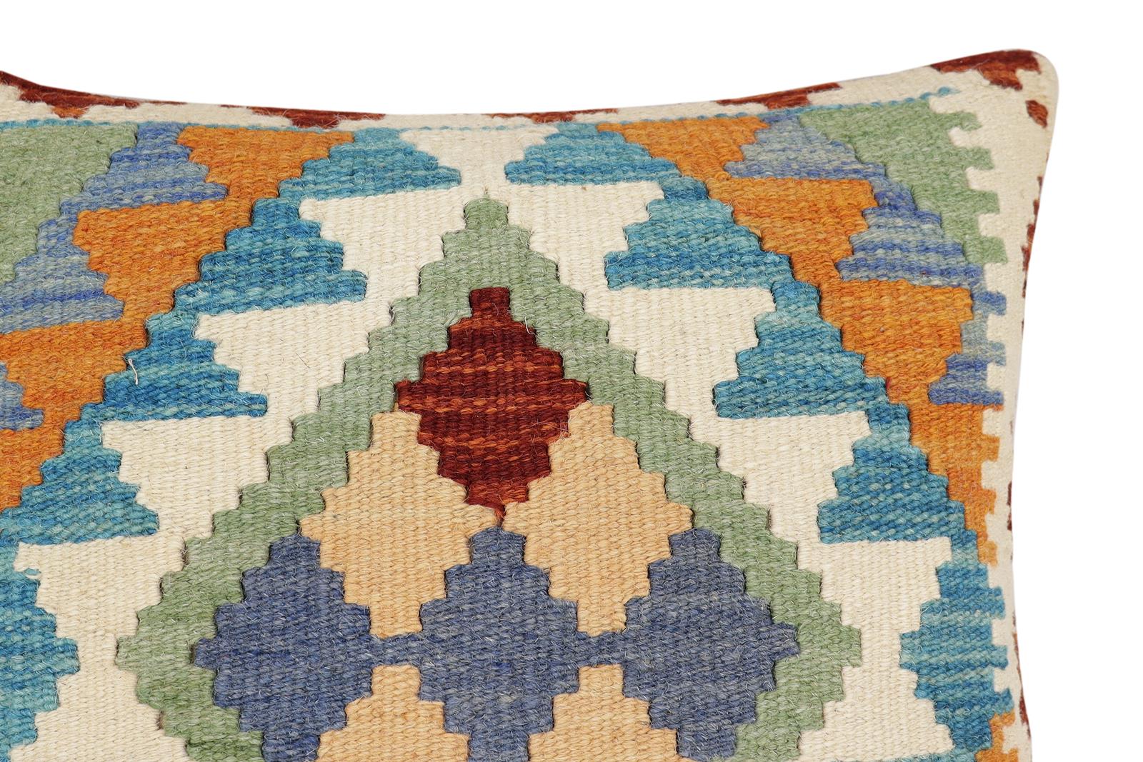 handmade Traditional Pillow Blue Rust Hand-Woven SQUARE 100% WOOL Hand woven turkish pillow2 x 2
