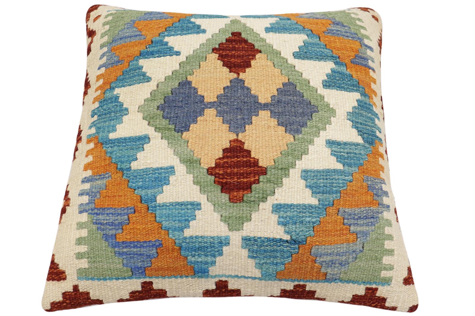 handmade Traditional Pillow Blue Rust Hand-Woven SQUARE 100% WOOL Hand woven turkish pillow2 x 2