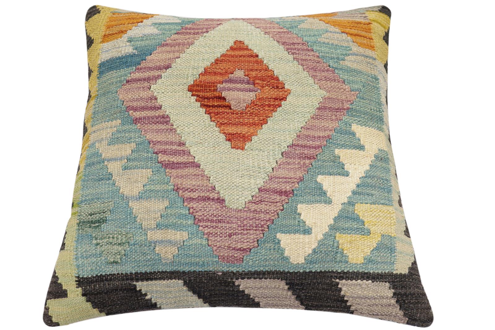 handmade Traditional Pillow Blue Rust Hand-Woven SQUARE 100% WOOL Hand woven turkish pillow2 x 2