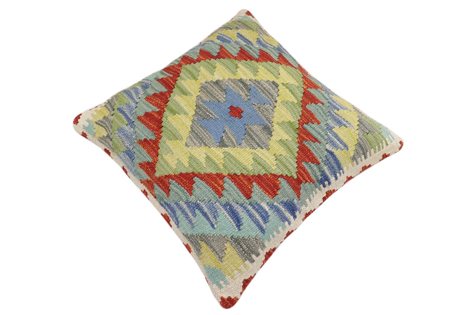 handmade Traditional Pillow Rust Blue Hand-Woven SQUARE 100% WOOL Hand woven turkish pillow2 x 2