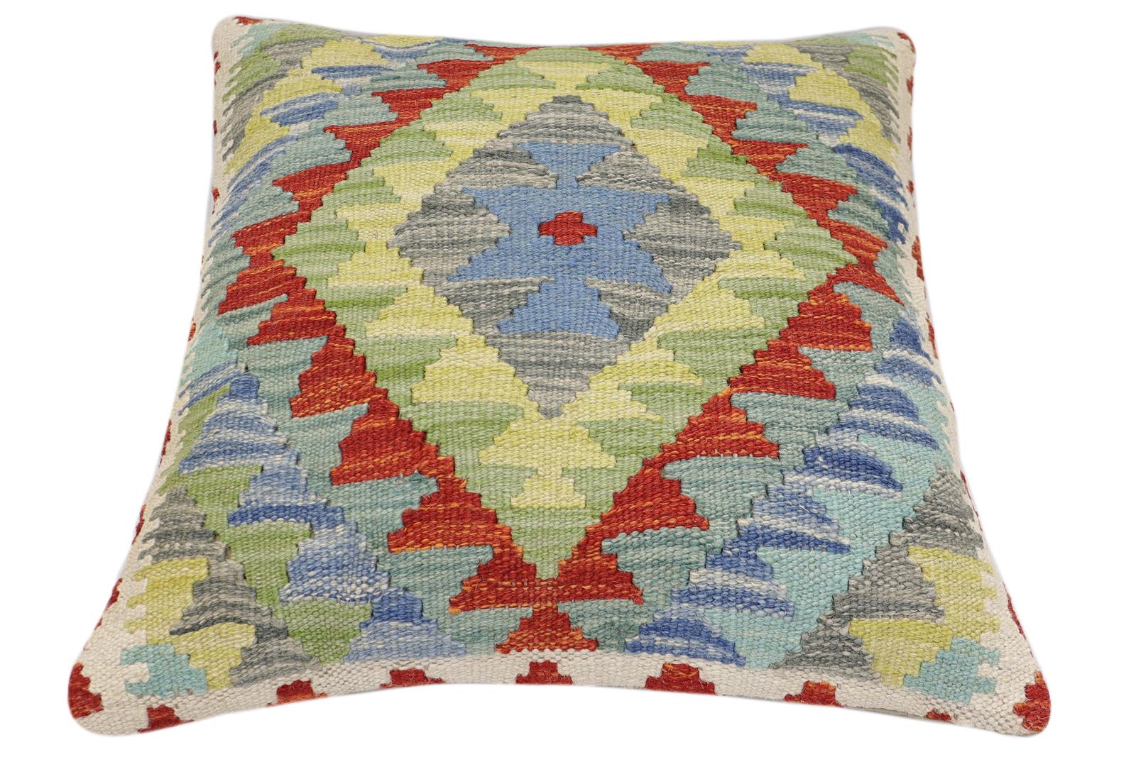 handmade Traditional Pillow Rust Blue Hand-Woven SQUARE 100% WOOL Hand woven turkish pillow2 x 2