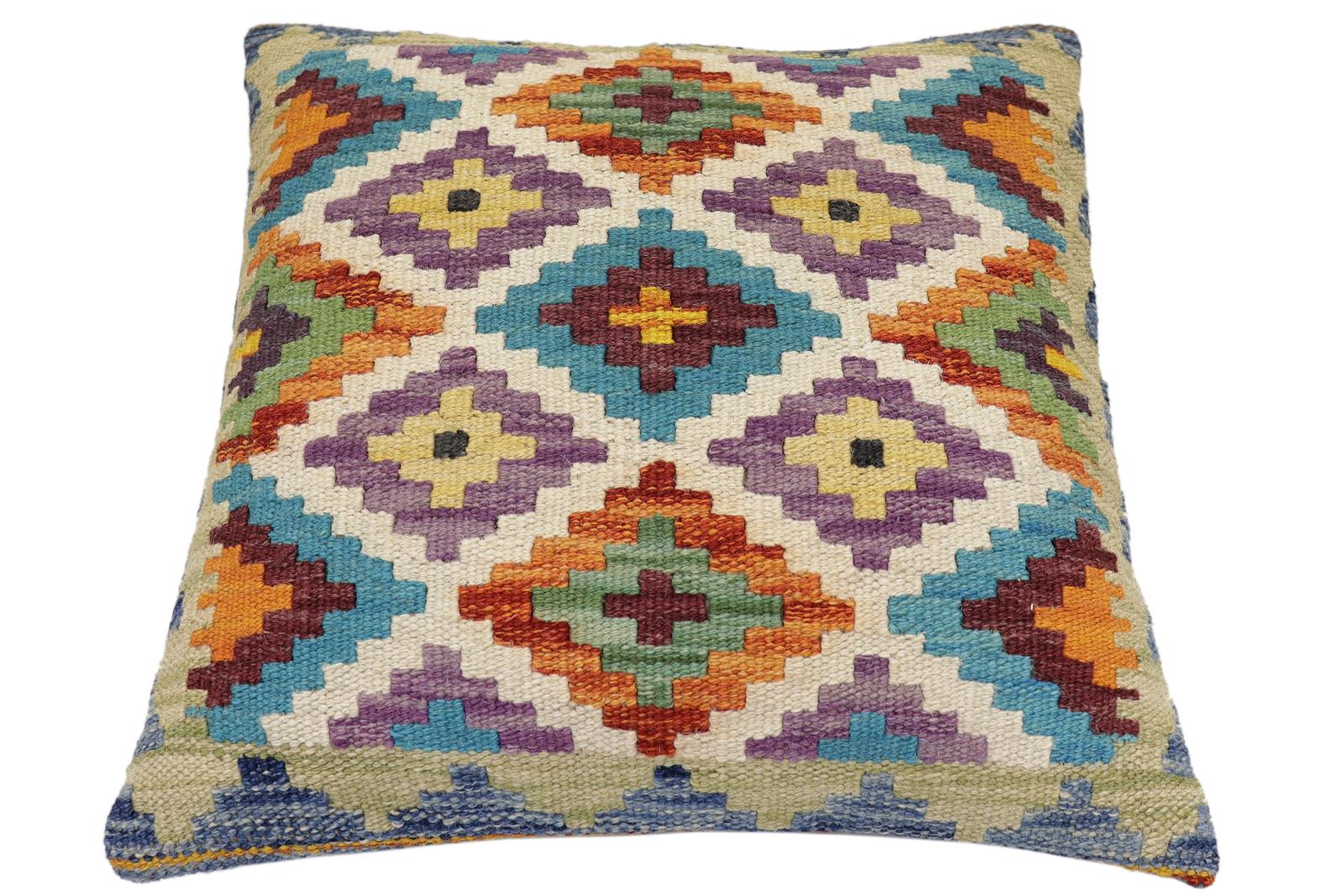 handmade Traditional Pillow Rust Blue Hand-Woven SQUARE 100% WOOL Hand woven turkish pillow2 x 2