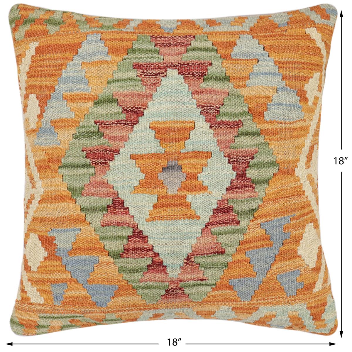 handmade Traditional Pillow Orange Blue Hand-Woven SQUARE 100% WOOL Hand woven turkish pillow2 x 2