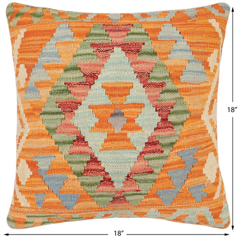 handmade Traditional Pillow Orange Blue Hand-Woven SQUARE 100% WOOL Hand woven turkish pillow2 x 2