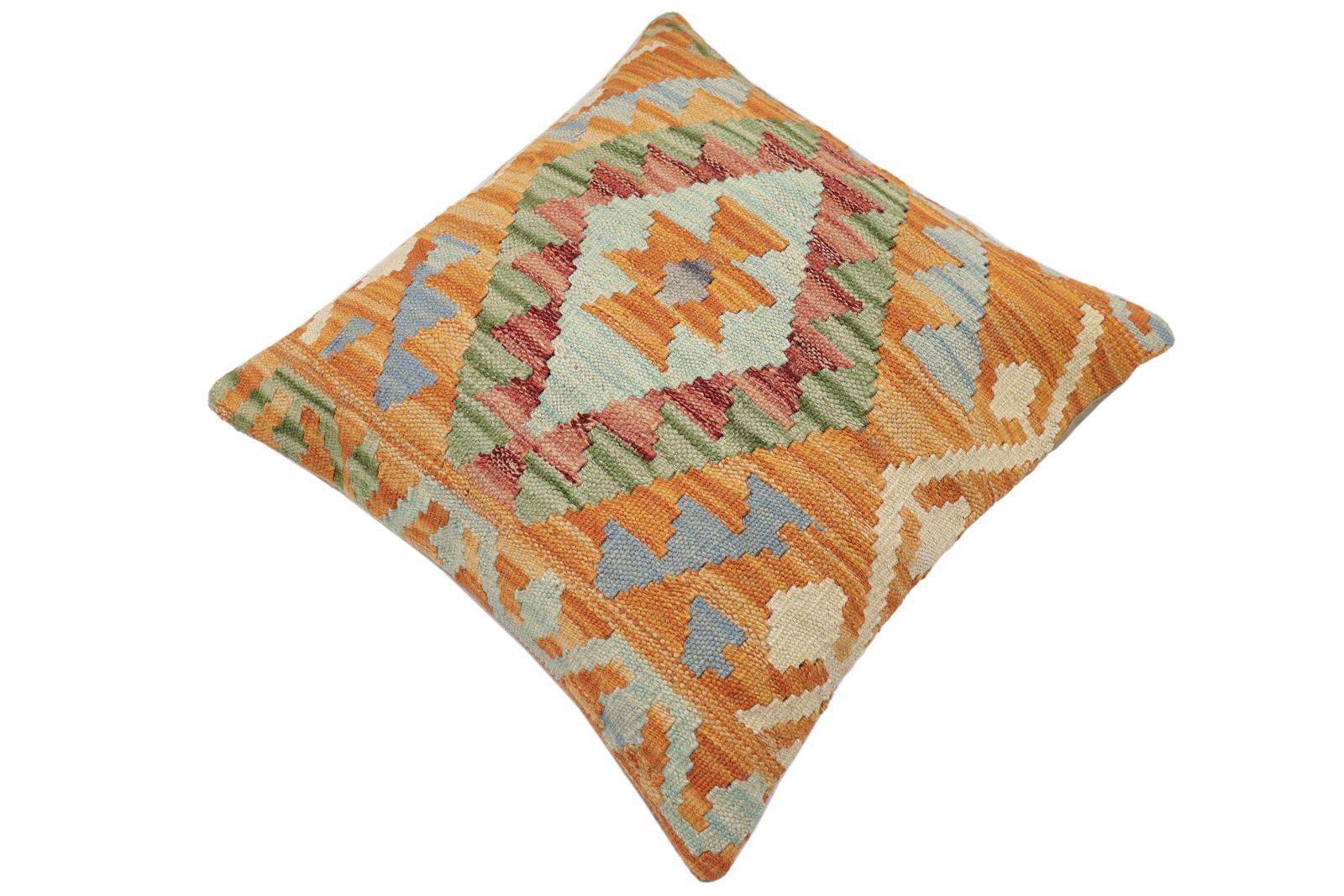 handmade Traditional Pillow Orange Blue Hand-Woven SQUARE 100% WOOL Hand woven turkish pillow2 x 2