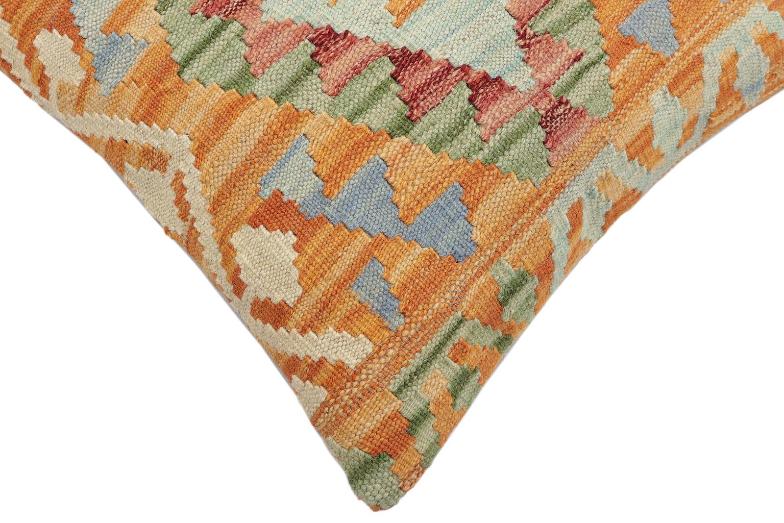 handmade Traditional Pillow Orange Blue Hand-Woven SQUARE 100% WOOL Hand woven turkish pillow2 x 2