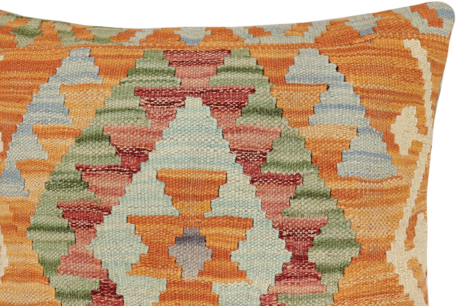 handmade Traditional Pillow Orange Blue Hand-Woven SQUARE 100% WOOL Hand woven turkish pillow2 x 2