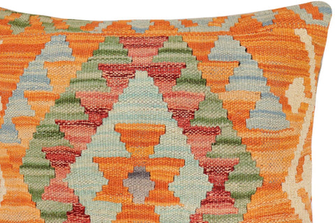 handmade Traditional Pillow Orange Blue Hand-Woven SQUARE 100% WOOL Hand woven turkish pillow2 x 2