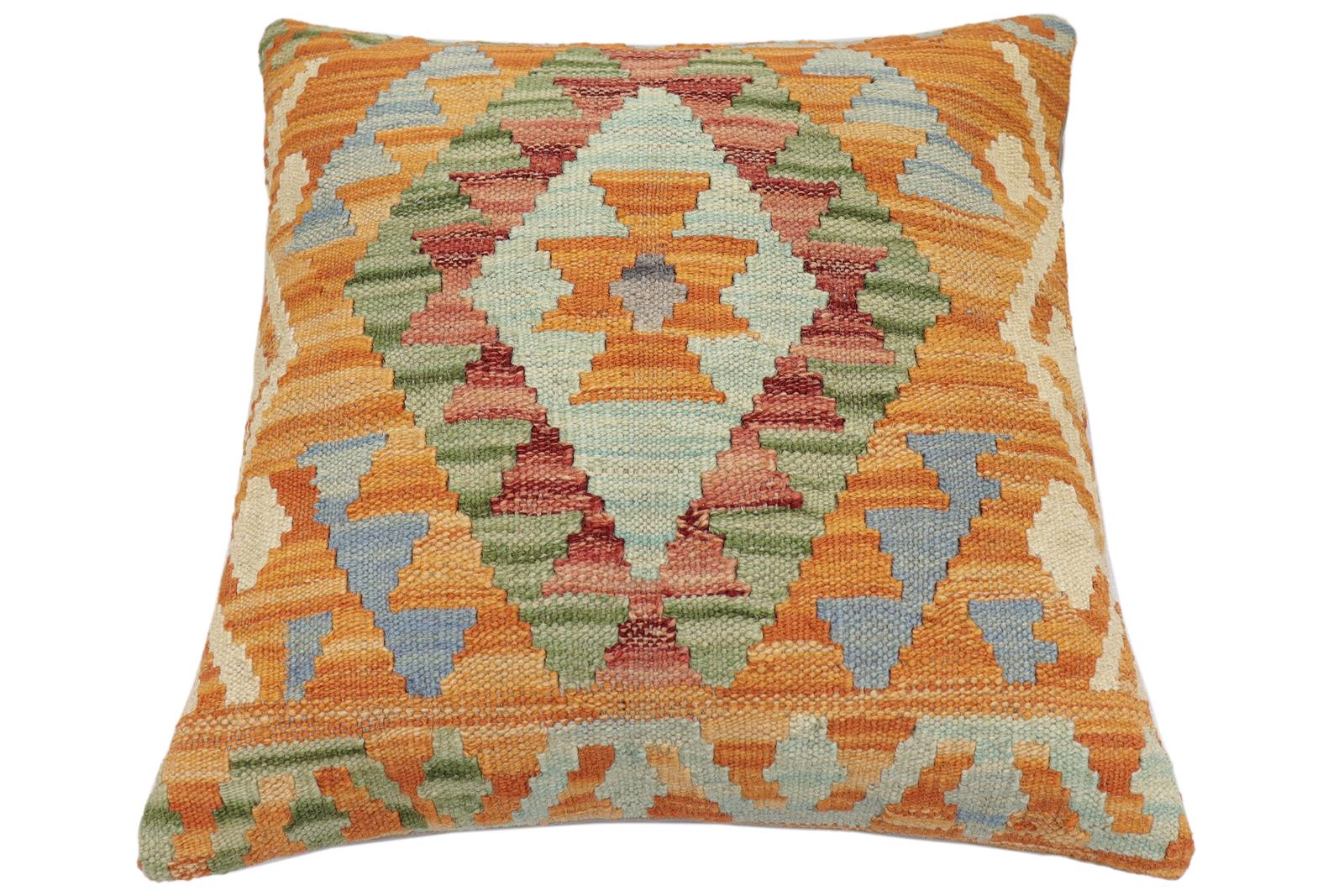 handmade Traditional Pillow Orange Blue Hand-Woven SQUARE 100% WOOL Hand woven turkish pillow2 x 2