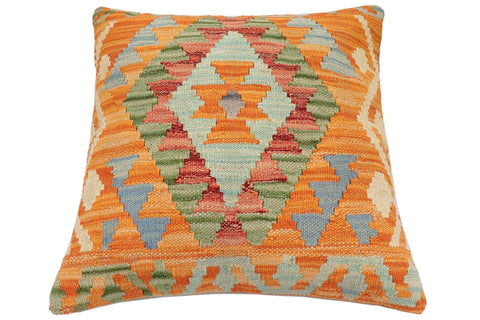 handmade Traditional Pillow Orange Blue Hand-Woven SQUARE 100% WOOL Hand woven turkish pillow2 x 2