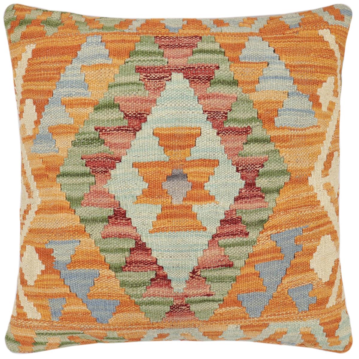 handmade Traditional Pillow Orange Blue Hand-Woven SQUARE 100% WOOL Hand woven turkish pillow2 x 2