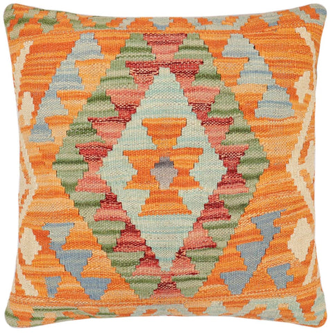 handmade Traditional Pillow Orange Blue Hand-Woven SQUARE 100% WOOL Hand woven turkish pillow2 x 2