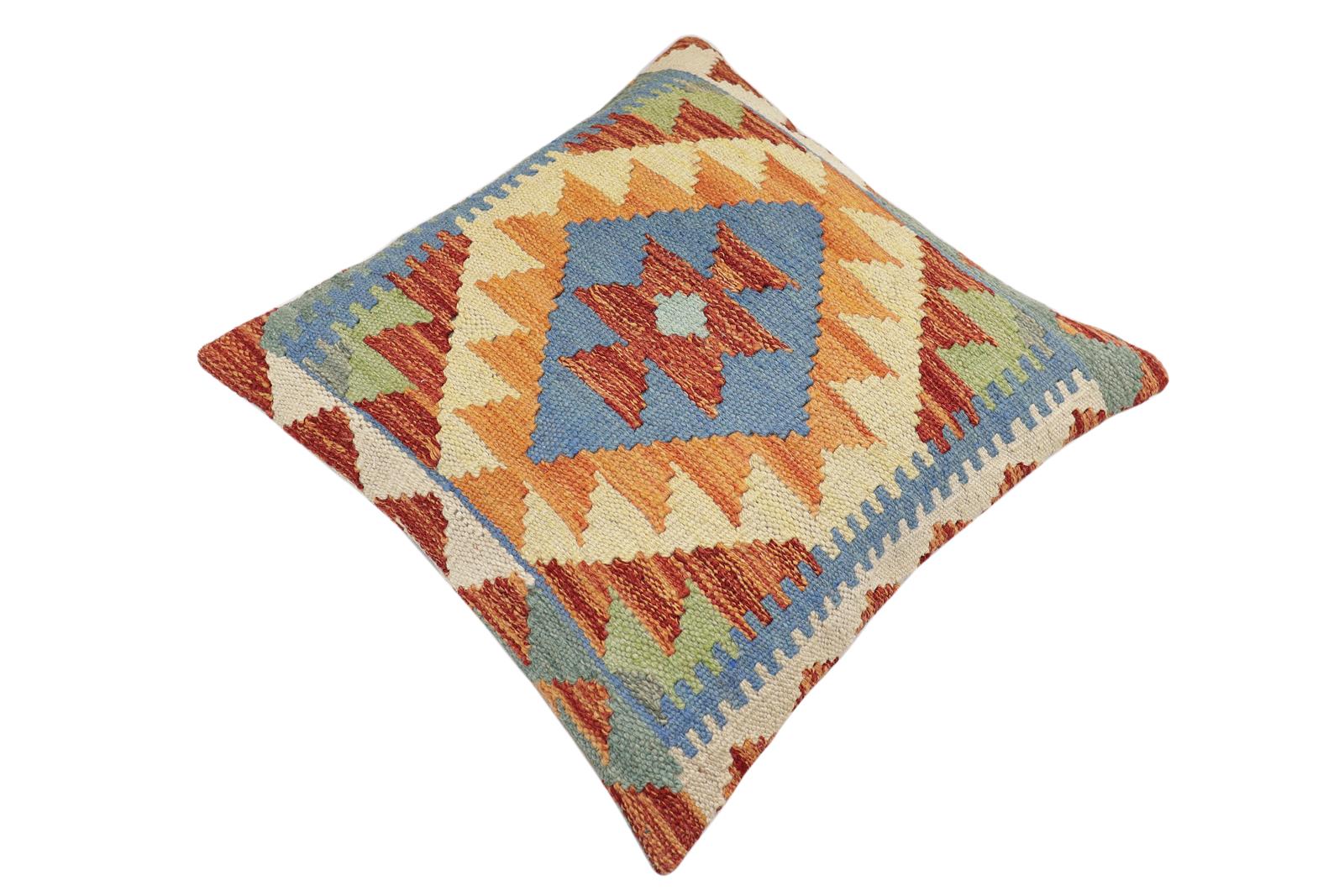 handmade Traditional Pillow Rust Blue Hand-Woven SQUARE 100% WOOL Hand woven turkish pillow2 x 2