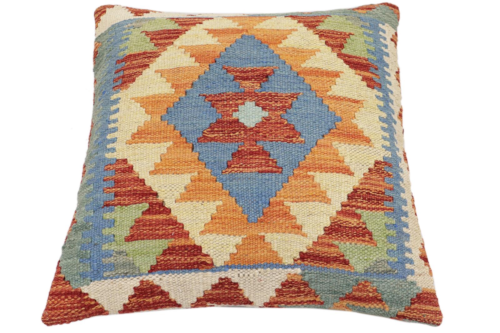 handmade Traditional Pillow Rust Blue Hand-Woven SQUARE 100% WOOL Hand woven turkish pillow2 x 2