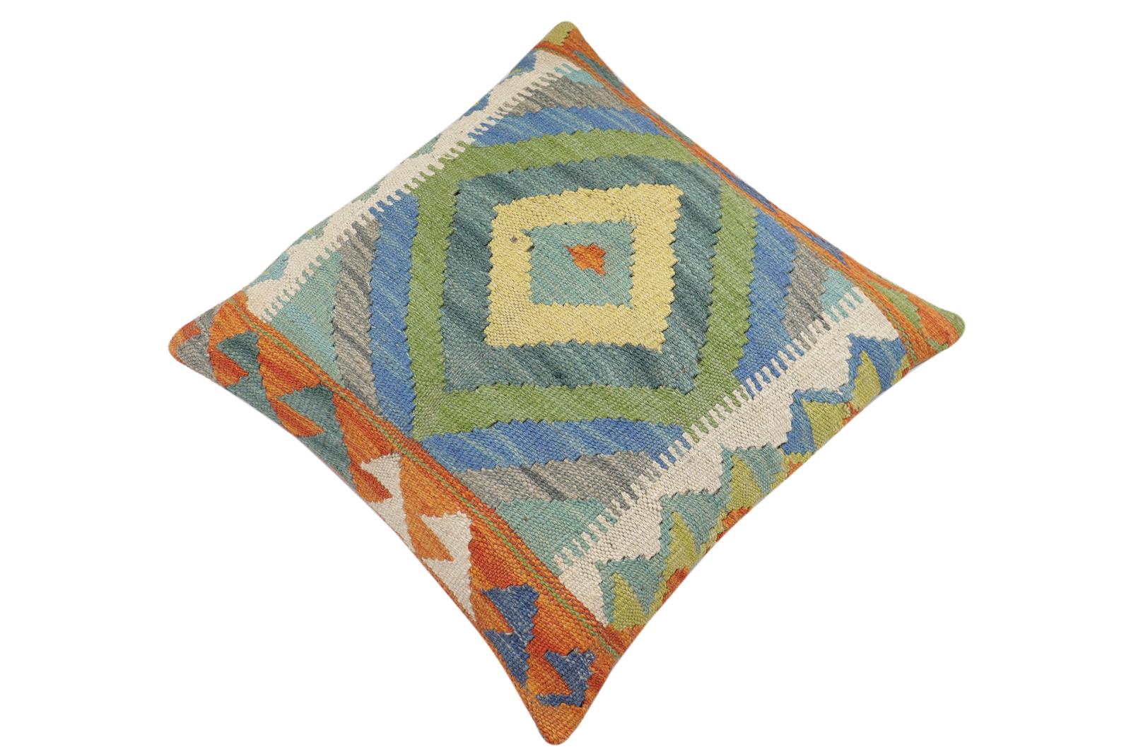 handmade Traditional Pillow Rust Blue Hand-Woven SQUARE 100% WOOL Hand woven turkish pillow2 x 2