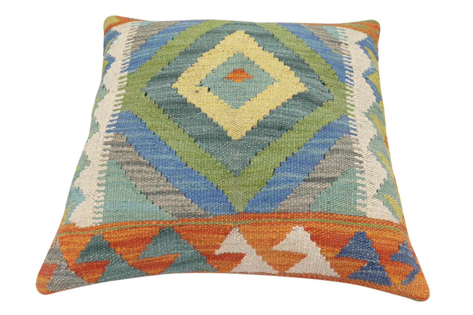 handmade Traditional Pillow Rust Blue Hand-Woven SQUARE 100% WOOL Hand woven turkish pillow2 x 2