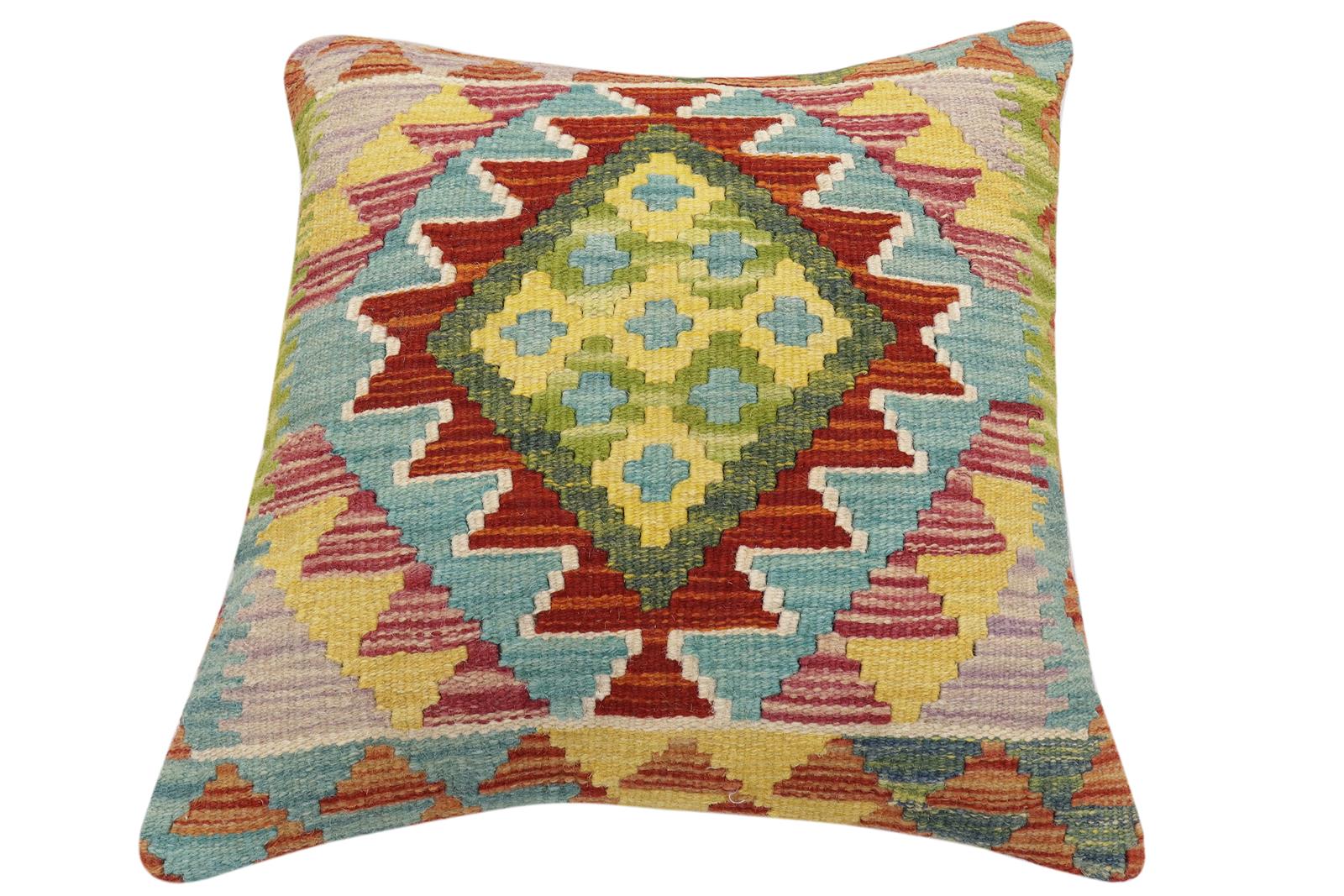 handmade Traditional Pillow Rust Blue Hand-Woven SQUARE 100% WOOL Hand woven turkish pillow2 x 2