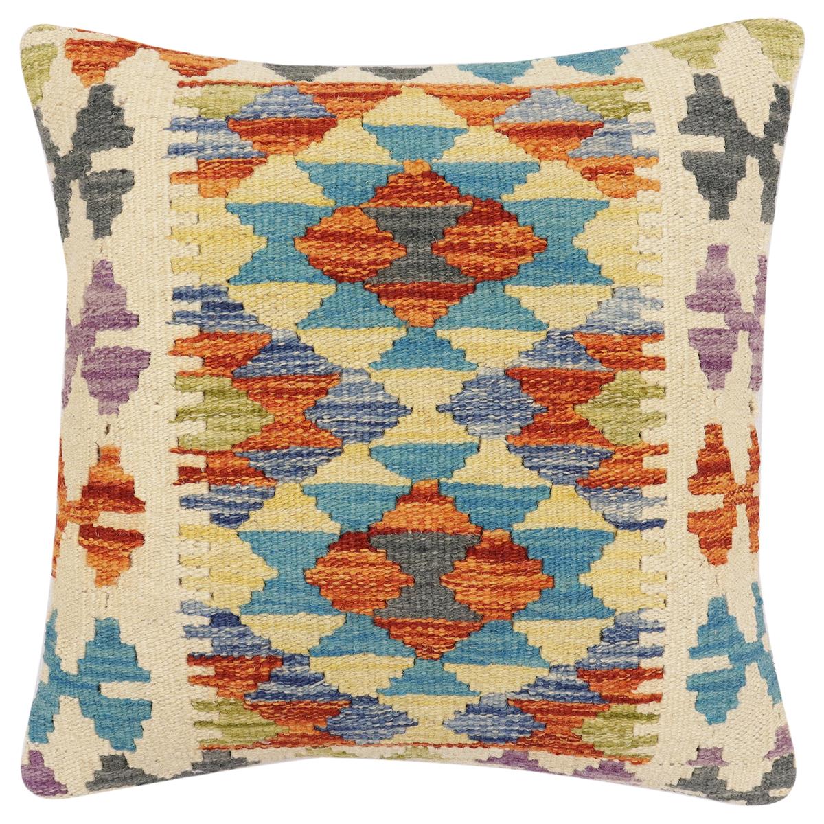 handmade Traditional Pillow Rust Blue Hand-Woven SQUARE 100% WOOL Hand woven turkish pillow2 x 2