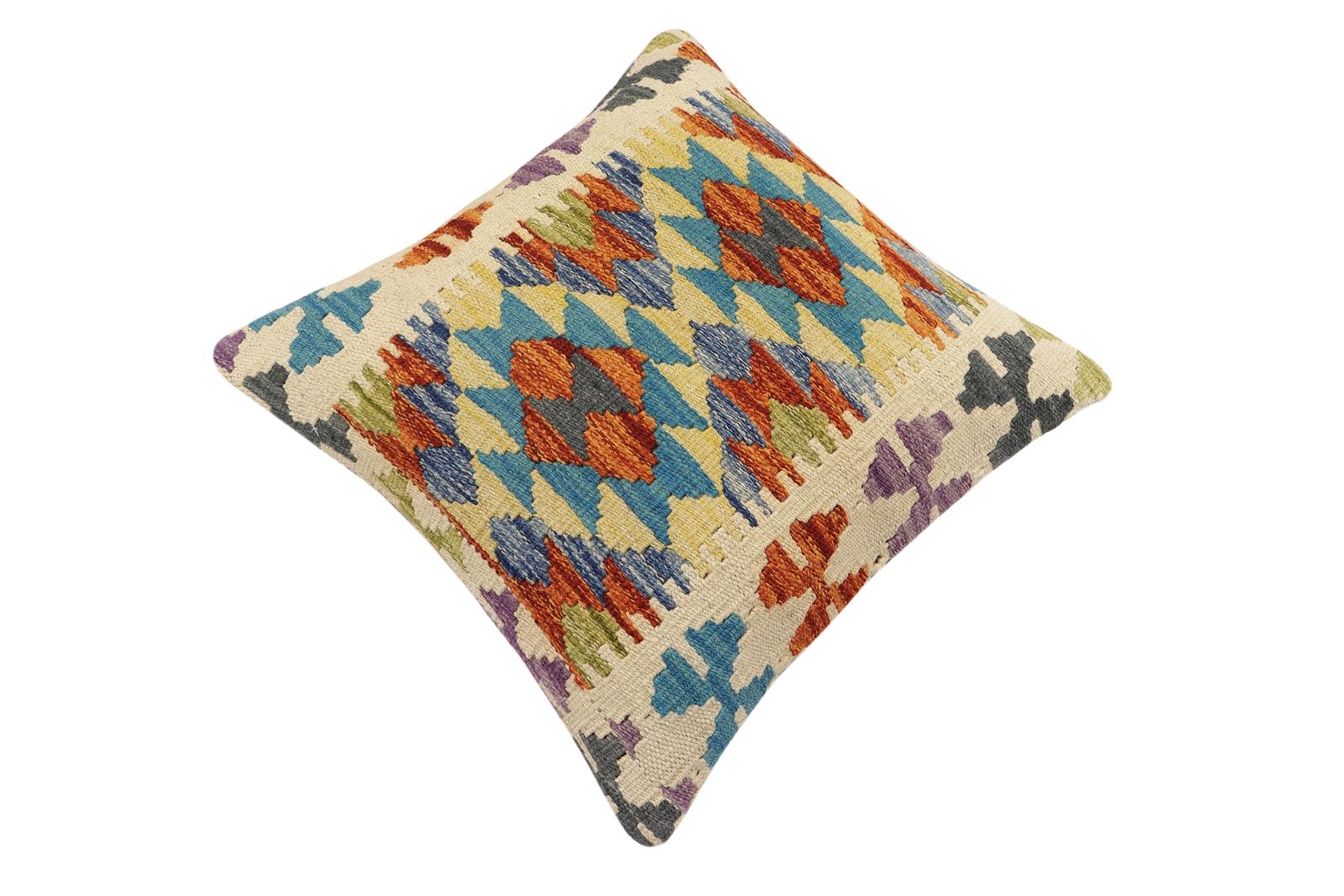 handmade Traditional Pillow Rust Blue Hand-Woven SQUARE 100% WOOL Hand woven turkish pillow2 x 2