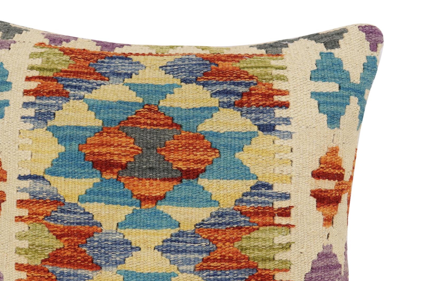 handmade Traditional Pillow Rust Blue Hand-Woven SQUARE 100% WOOL Hand woven turkish pillow2 x 2