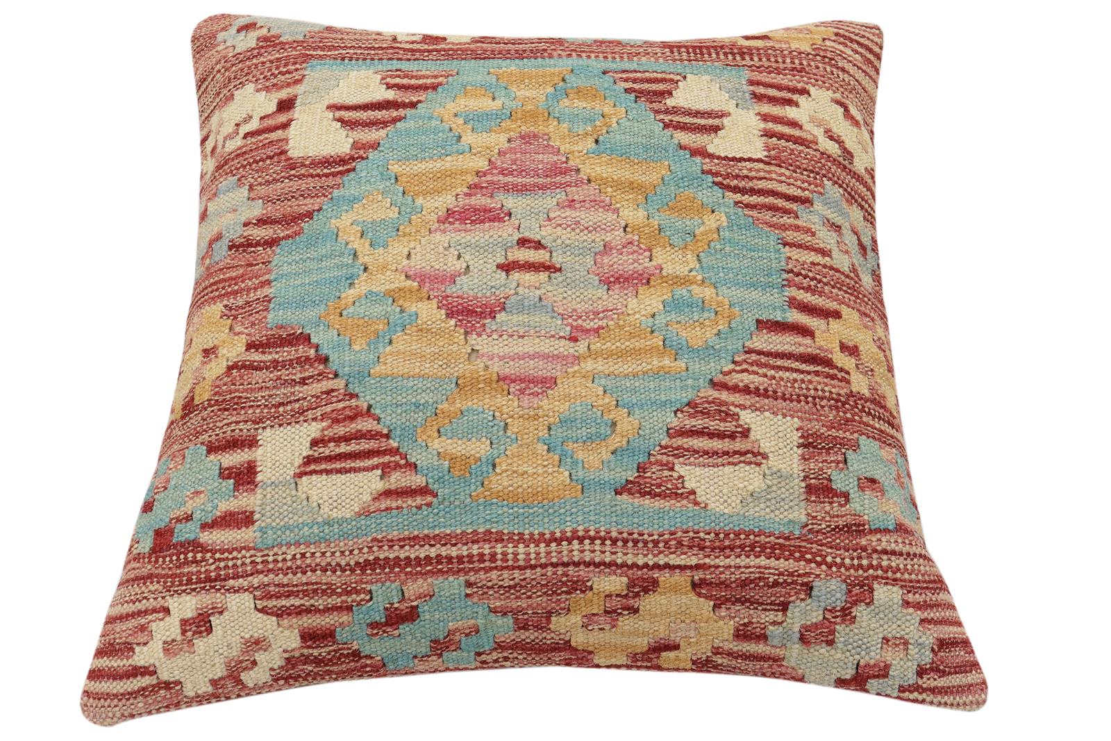 handmade Traditional Pillow Red Blue Hand-Woven SQUARE 100% WOOL Hand woven turkish pillow2 x 2