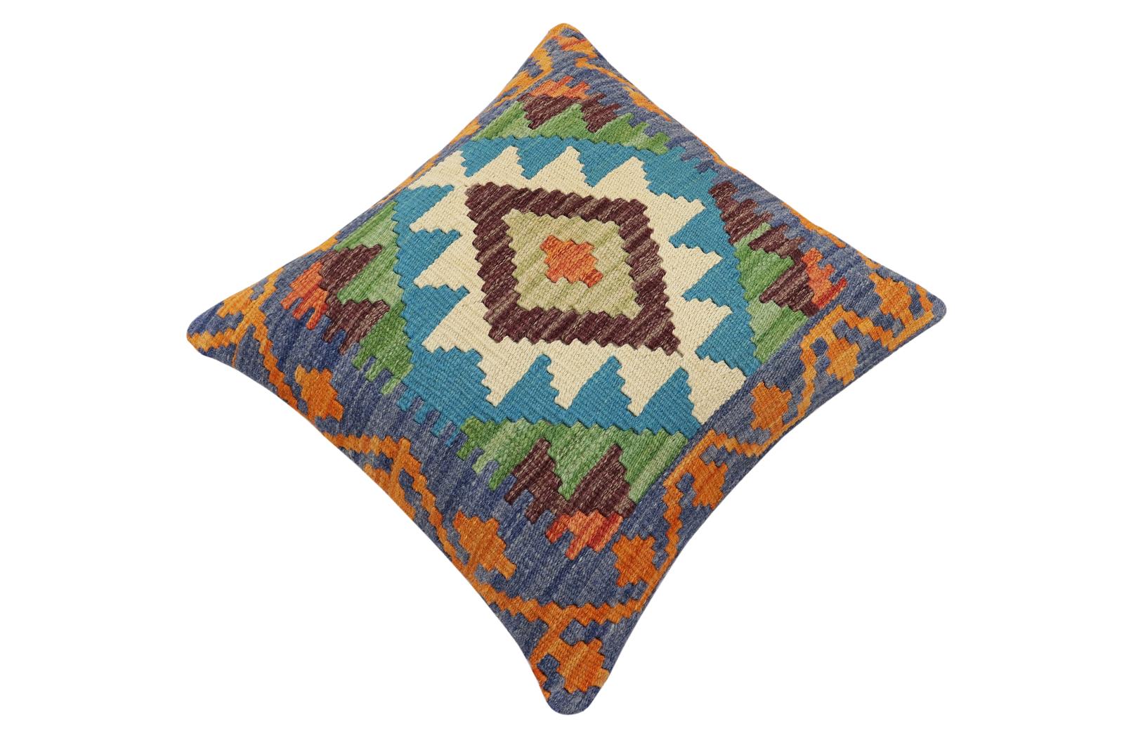 handmade Traditional Pillow Blue Rust Hand-Woven SQUARE 100% WOOL Hand woven turkish pillow2 x 2