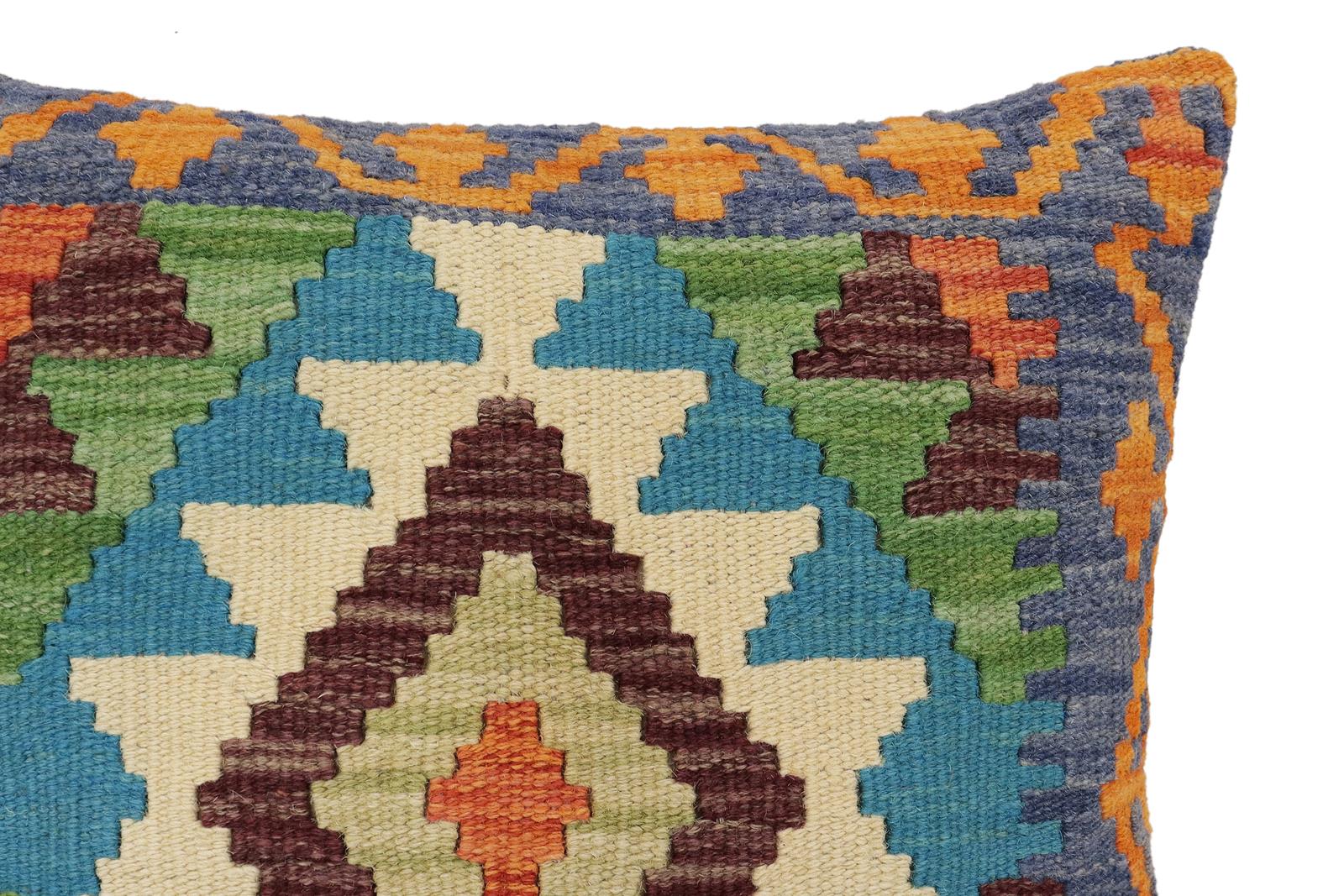 handmade Traditional Pillow Blue Rust Hand-Woven SQUARE 100% WOOL Hand woven turkish pillow2 x 2