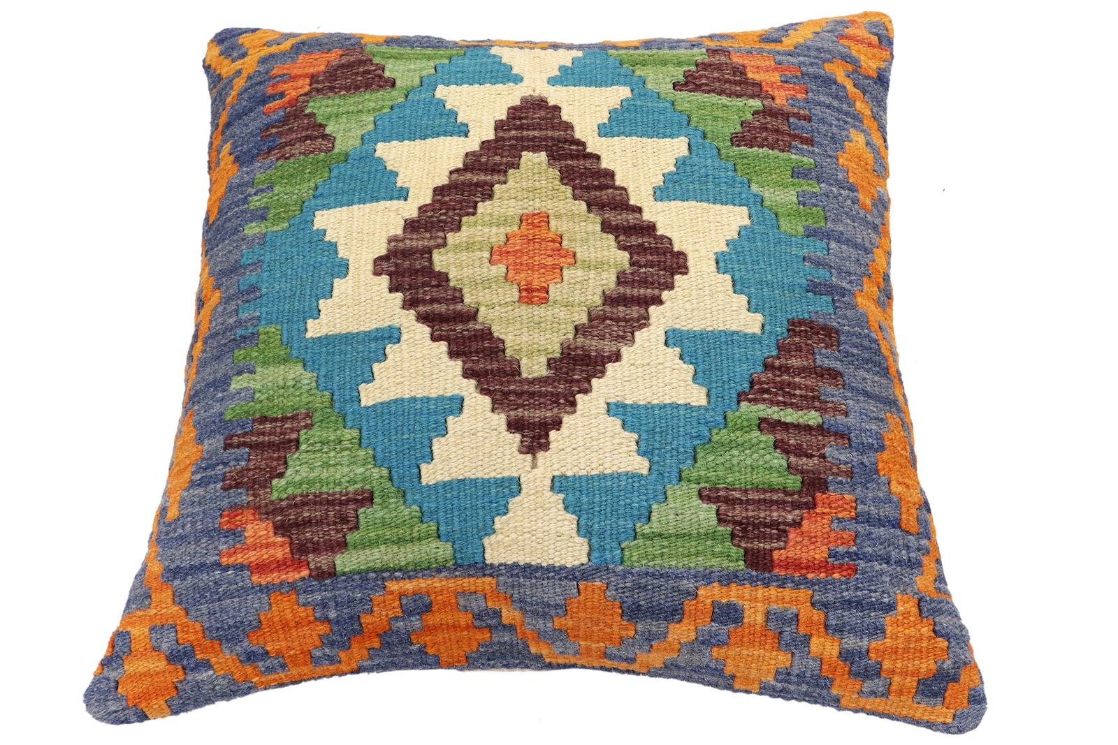 handmade Traditional Pillow Blue Rust Hand-Woven SQUARE 100% WOOL Hand woven turkish pillow2 x 2