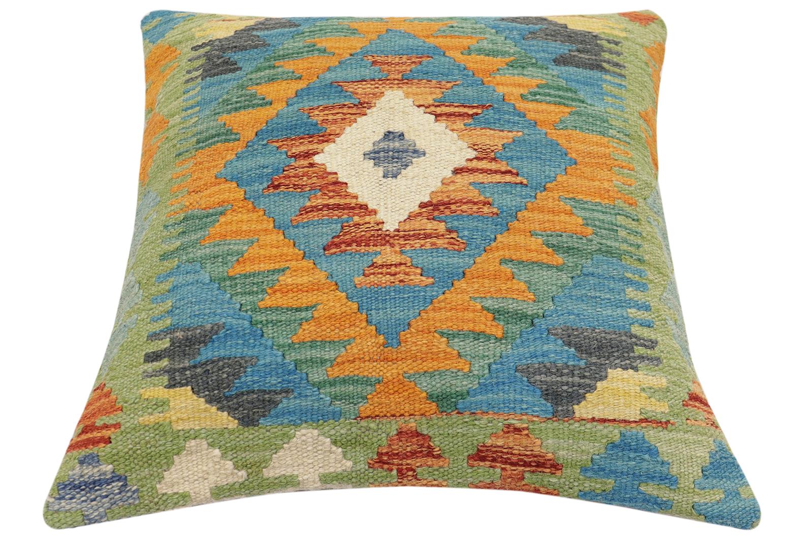 handmade Traditional Pillow Rust Blue Hand-Woven SQUARE 100% WOOL Hand woven turkish pillow2 x 2