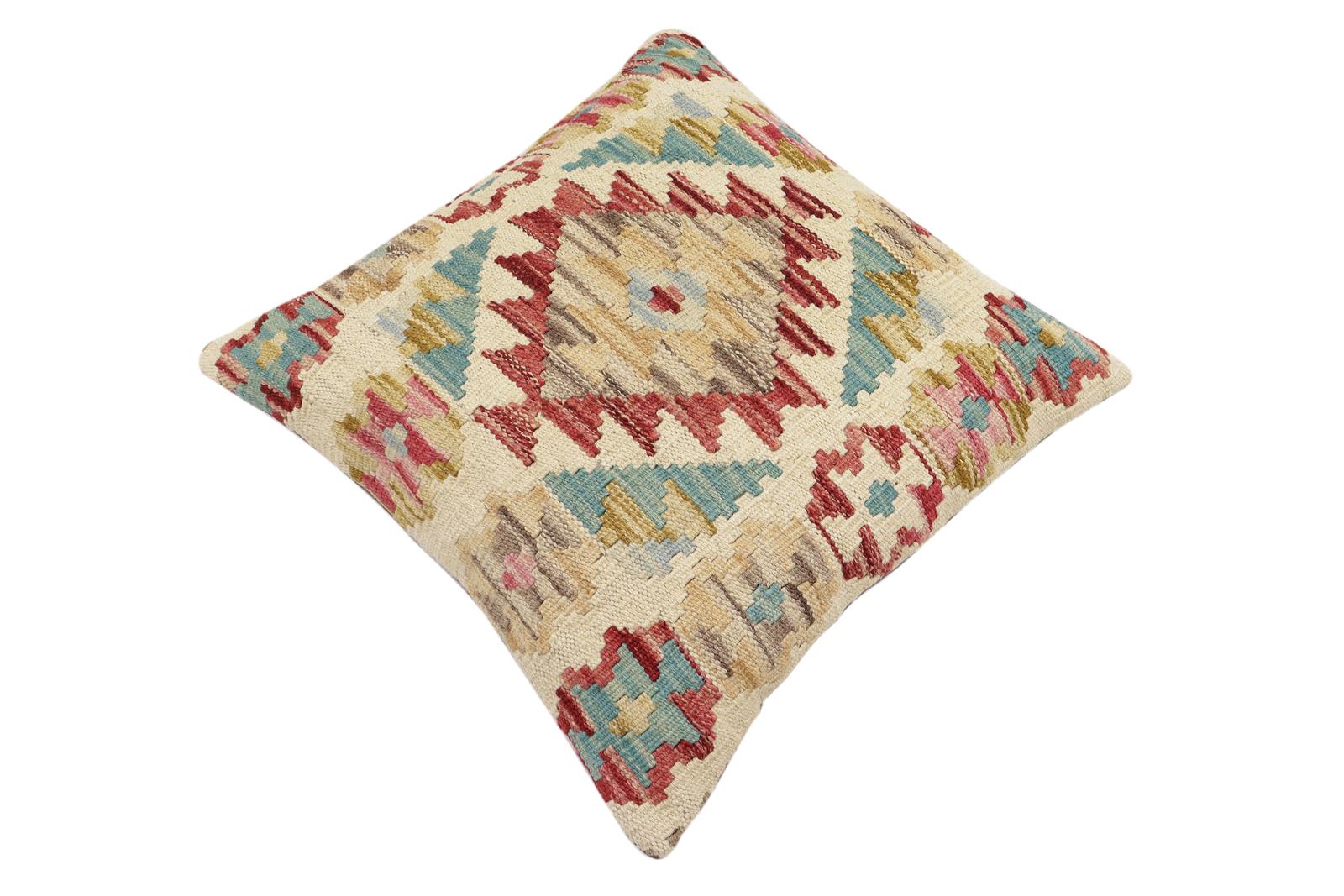 handmade Traditional Pillow Beige Red Hand-Woven SQUARE 100% WOOL Hand woven turkish pillow2 x 2