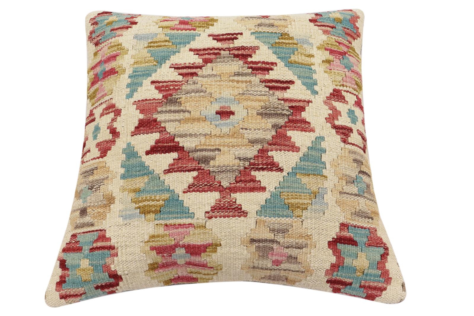 handmade Traditional Pillow Beige Red Hand-Woven SQUARE 100% WOOL Hand woven turkish pillow2 x 2