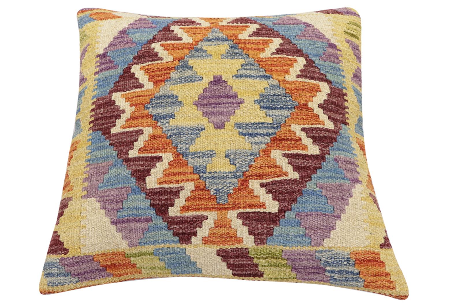 handmade Traditional Pillow Rust Blue Hand-Woven SQUARE 100% WOOL Hand woven turkish pillow2 x 2