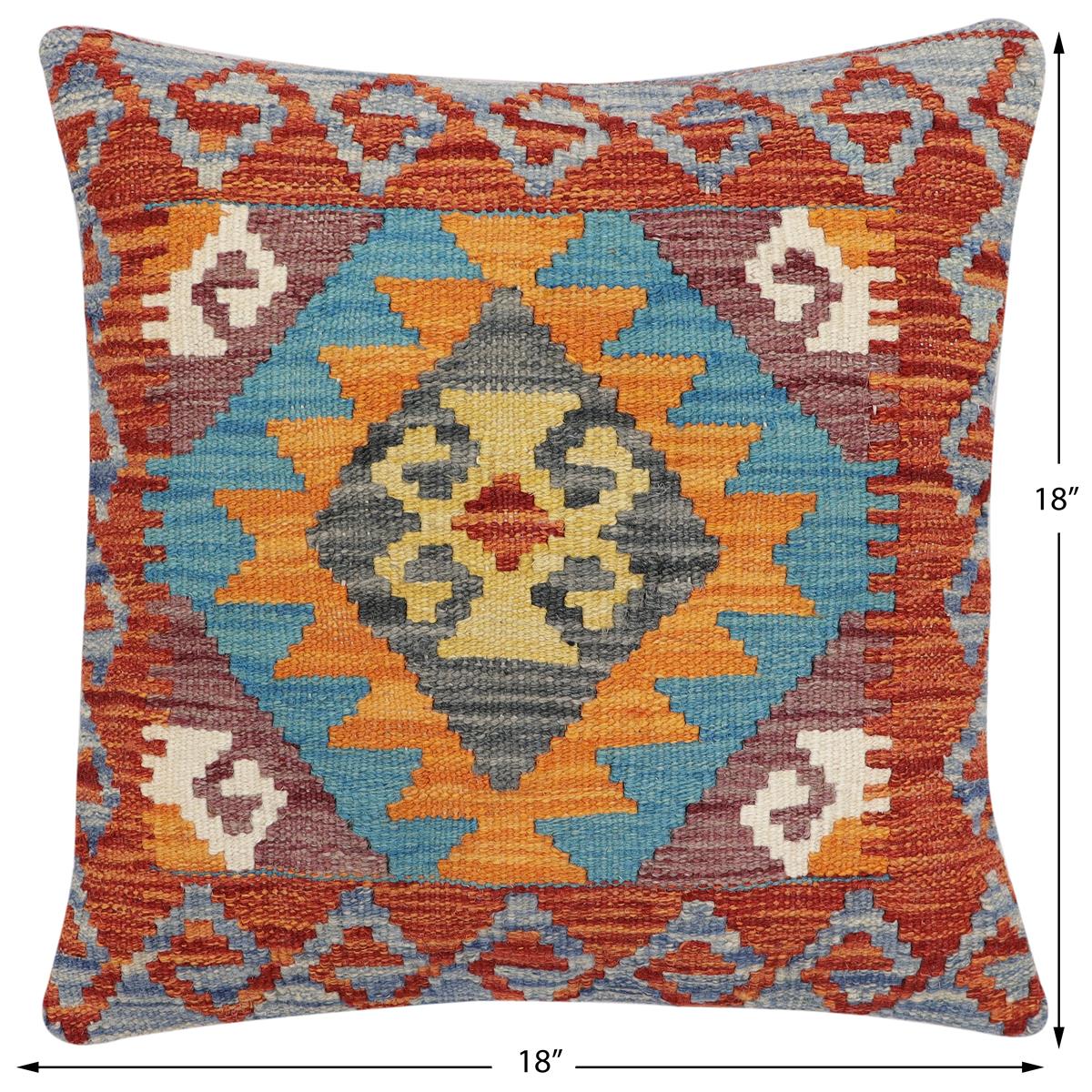 handmade Traditional Pillow Rust Blue Hand-Woven SQUARE 100% WOOL Hand woven turkish pillow2 x 2