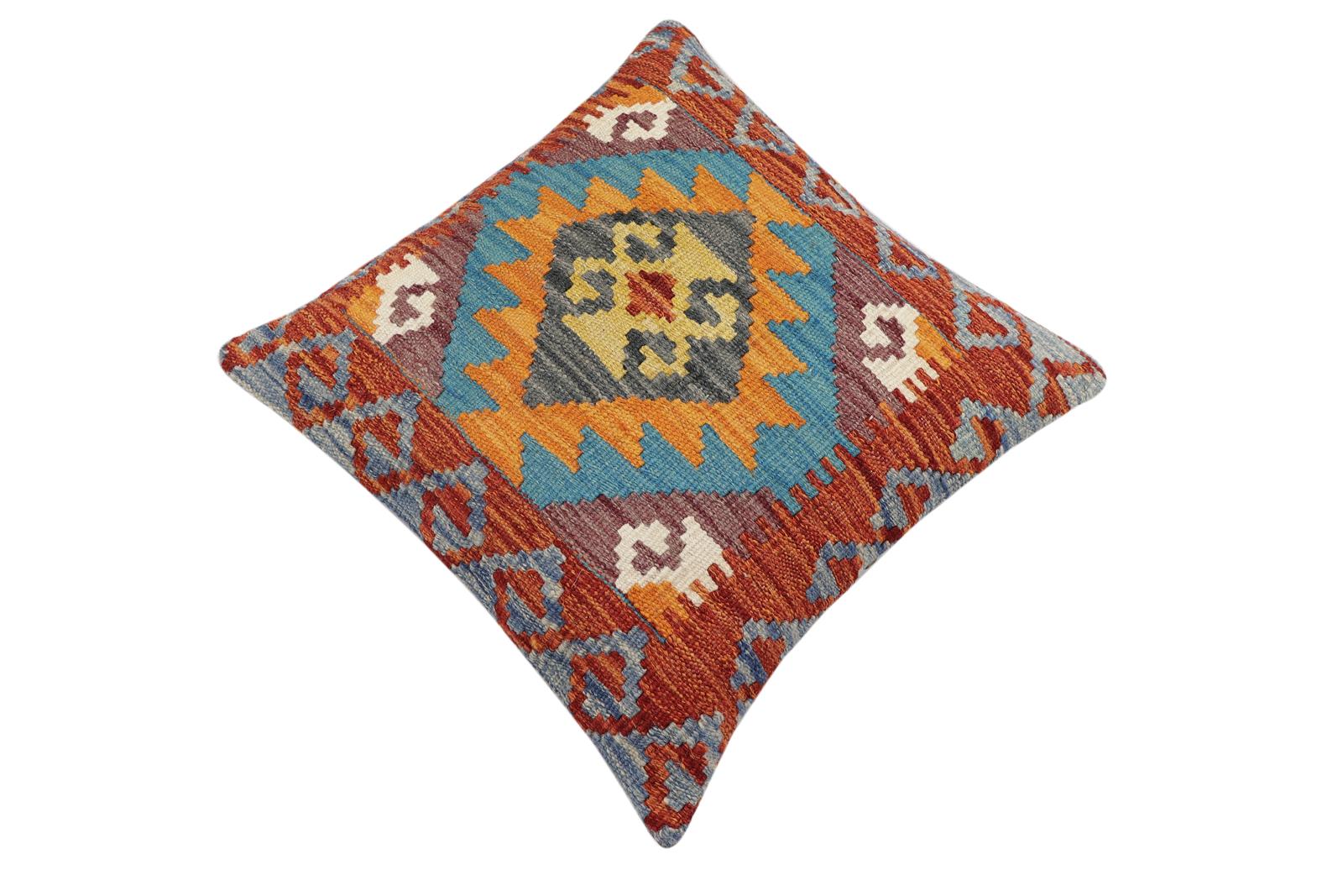 handmade Traditional Pillow Rust Blue Hand-Woven SQUARE 100% WOOL Hand woven turkish pillow2 x 2