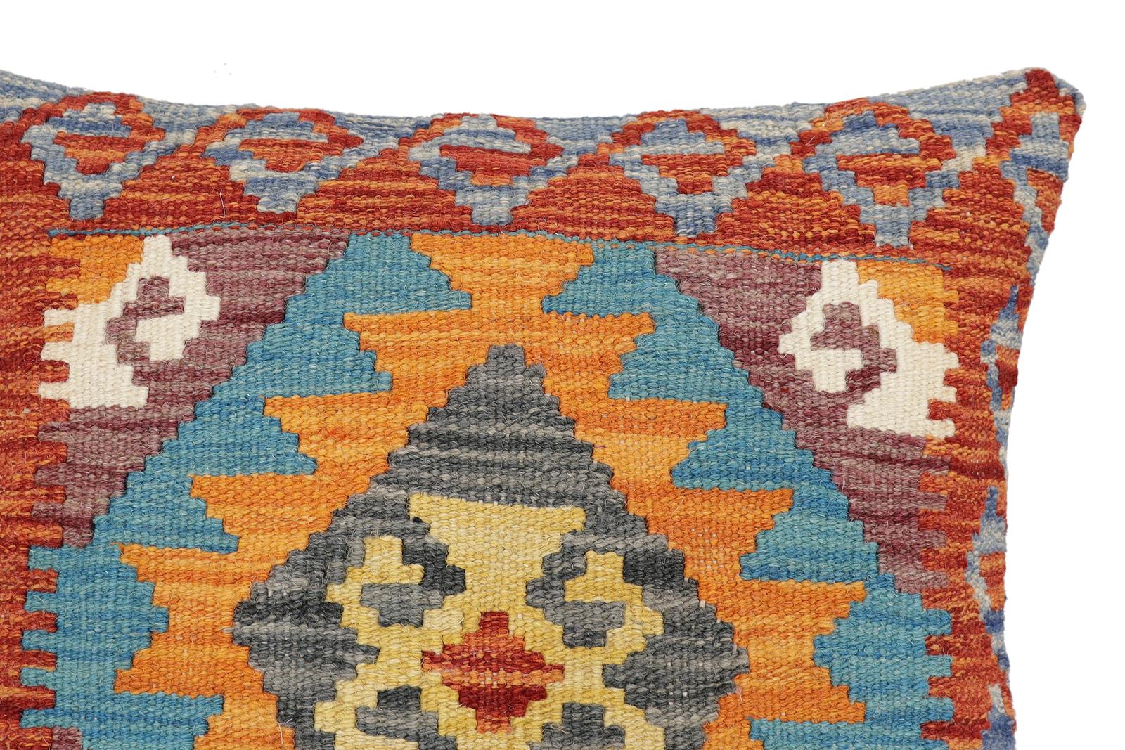 handmade Traditional Pillow Rust Blue Hand-Woven SQUARE 100% WOOL Hand woven turkish pillow2 x 2